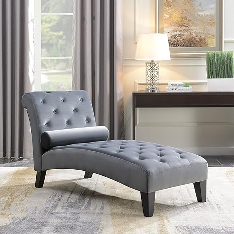 BELLEZE Upholstered Chaise Lounge Chair Indoor, Modern Leisure Chaise Lounge Sofa Couch, Button Tufted Back Seat with Matching Accent Pillow, and Hardwood Legs - Aurora (Gray)