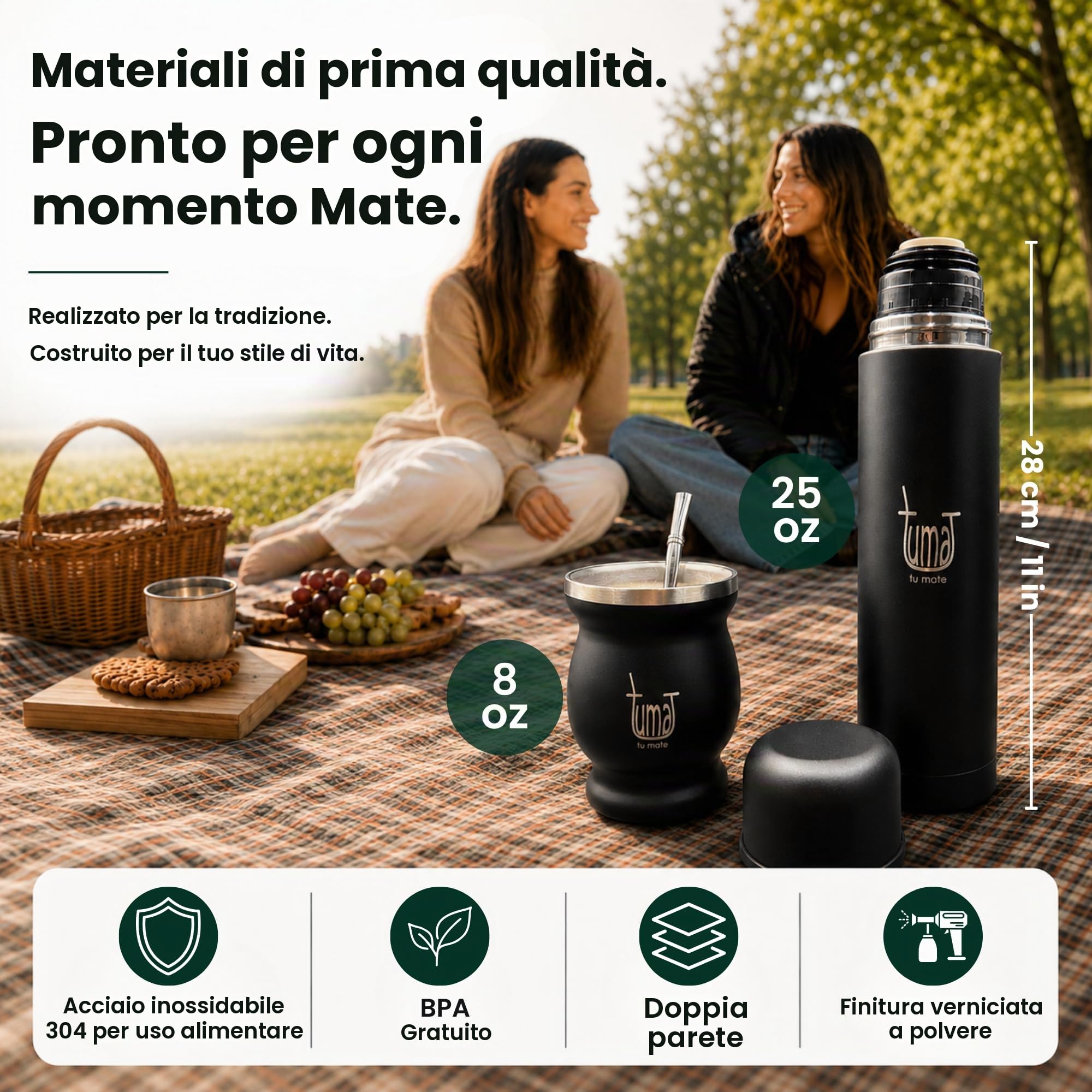Kit completo Yerba Mate – include Mate Cup, Straw (Bombilla), thermos da 750 ml, sacchetto e due regali (contenitore Yerbero e scaldabagno ad immersione)