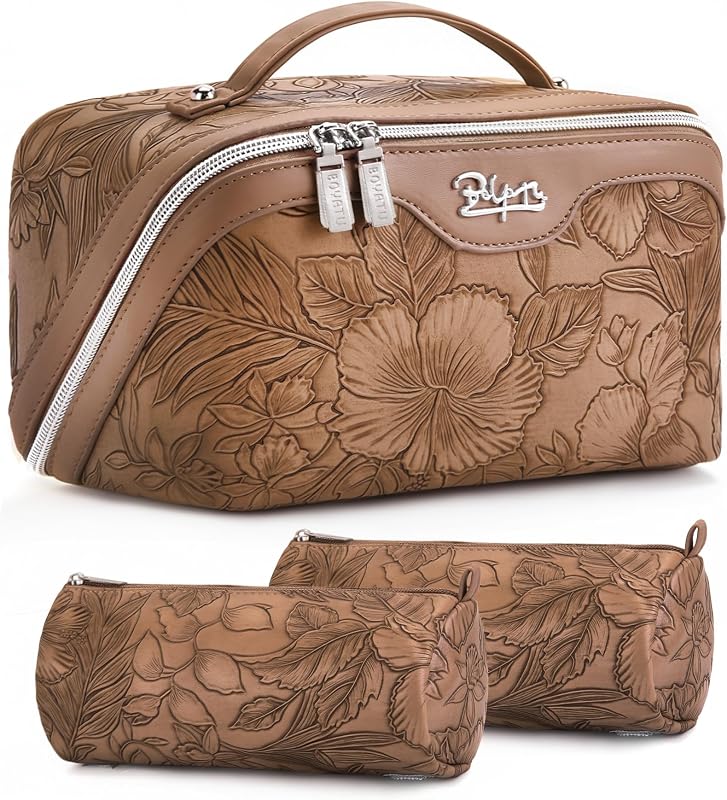 Necessaire de maquiagem BOYATU com estojos e divisórias, padrão floral, 20,07 cm x 12,95 cm x 23,5 cm, Pacote com 3