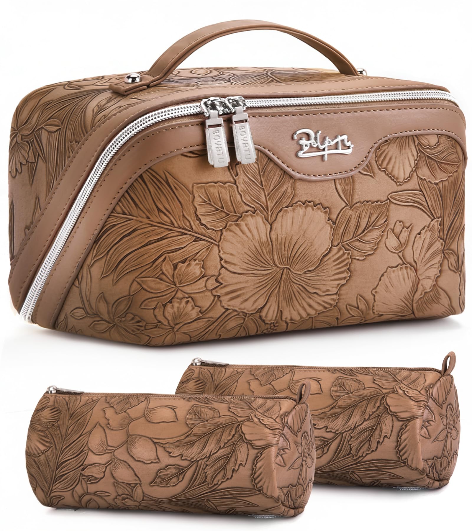 BOYATU Travel Makeup Bags Cosmetic Organizer Bag: 3-Set Large Capacity Make up Bag - PU Leather Toiletry Bags for Women - Wide Open Portable Pouch