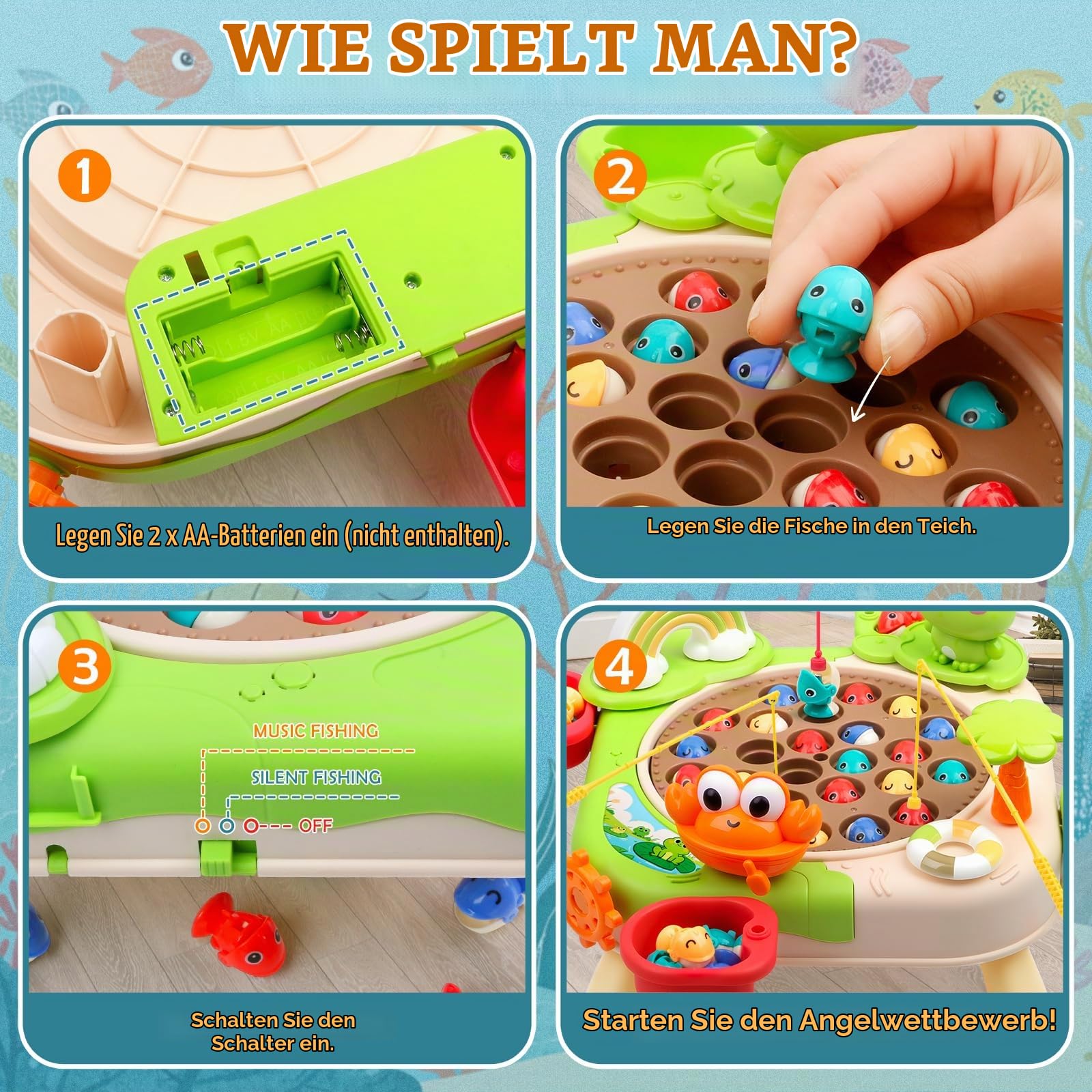 Magnetisches Angelspiel Kinder ab 4 Jahre, Musikalisches Angelspielzeug mit 34 Fischen und 4 Angelruten, Interaktives Brettspiel für Jungen Mädchen, Geschenk für Geburtstag Weihnachten