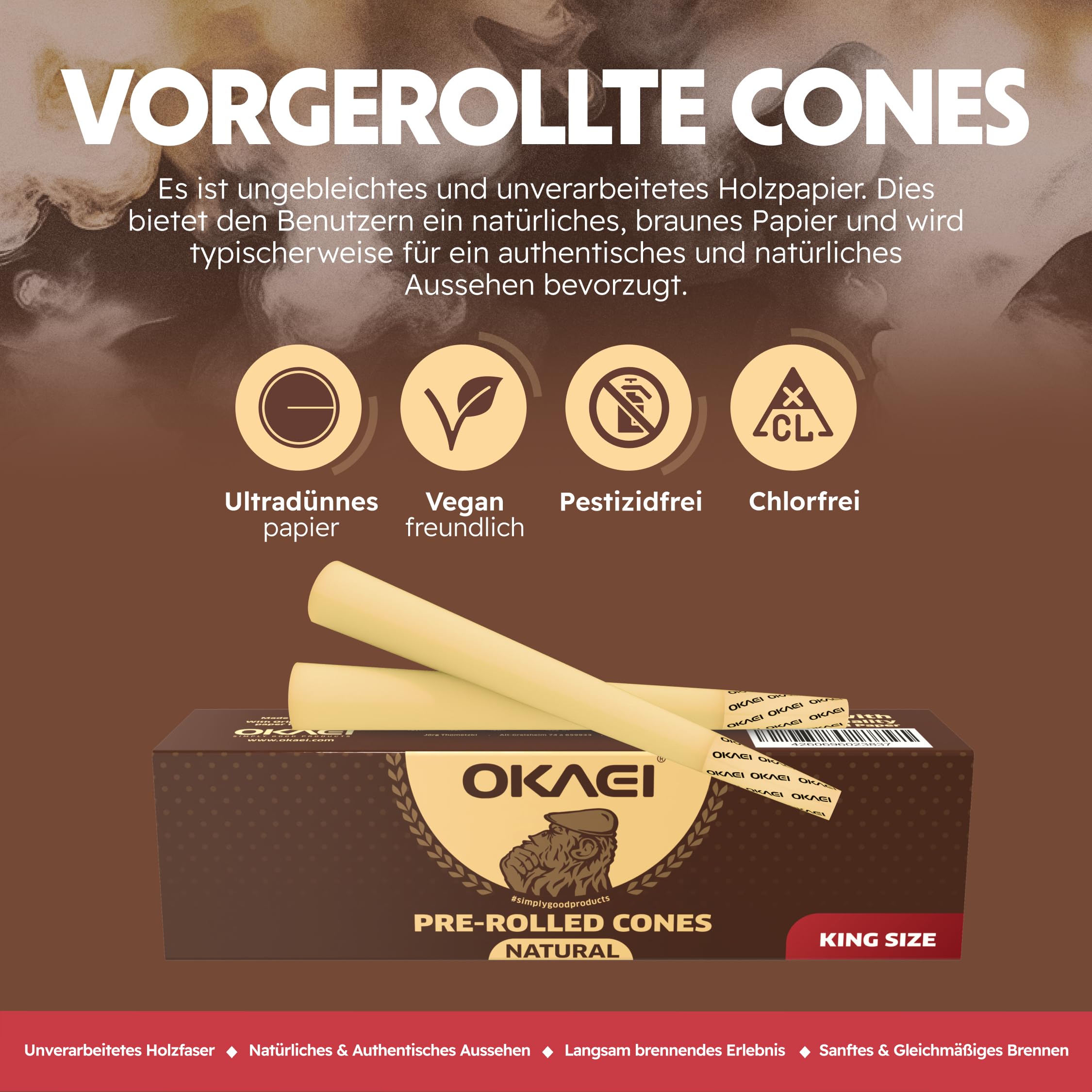 OKAEI Natural King Size Cones 200 Stück - vorgedrehte ungebleichte Hülsen aus Holzpapier, langsam brennend & vegan