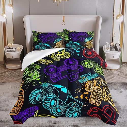 Miniatura 2 de QOOMO Juego de edredón de camión para niños, adolescentes y niños, 1 edredón con 2 fundas de almohada, juego de ropa de cama de microfibra de 3