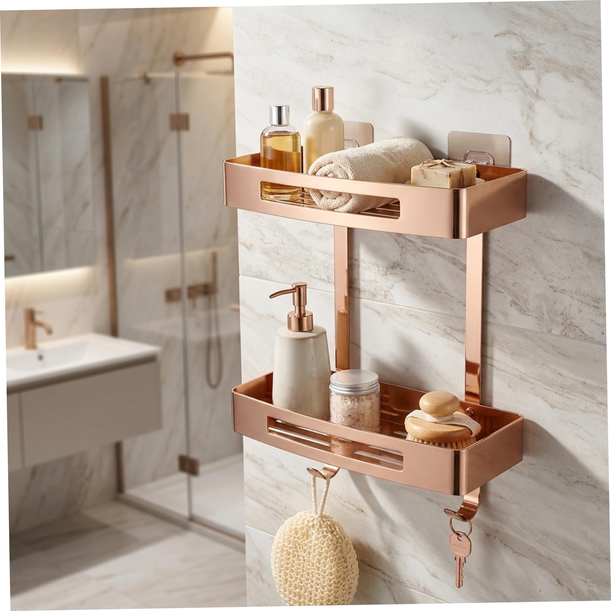 Estante esquinero de baño adhesivo de acero inoxidable, sin taladro, estante de pared para ducha de doble nivel para baño con ganchos (oro rosa)