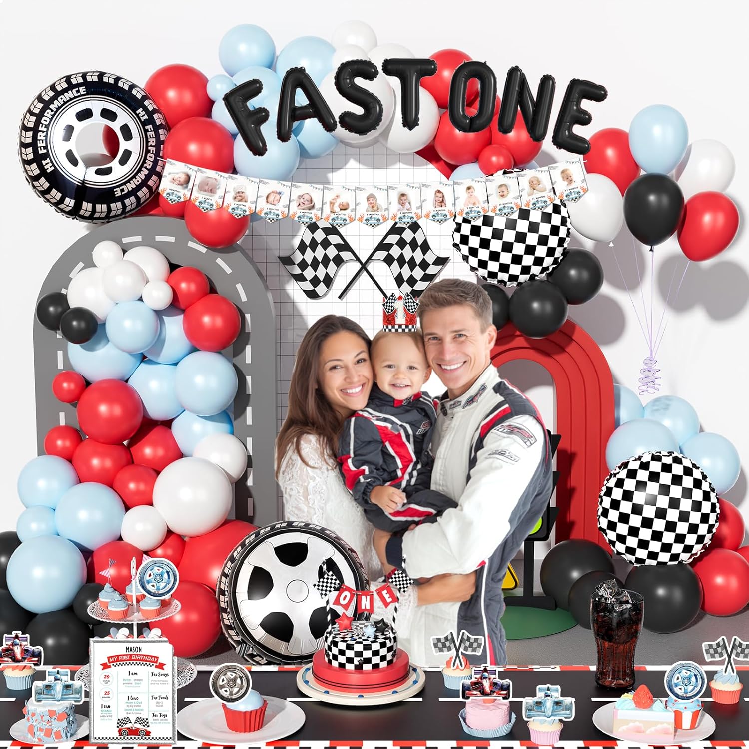 Fast One Birthday Decorations for Boys – Race Car First Birthday Party Supplies with Backdrop, Cake Topper, Banner, Boxes, Foil Balloon, Cupcake Topper, Poster