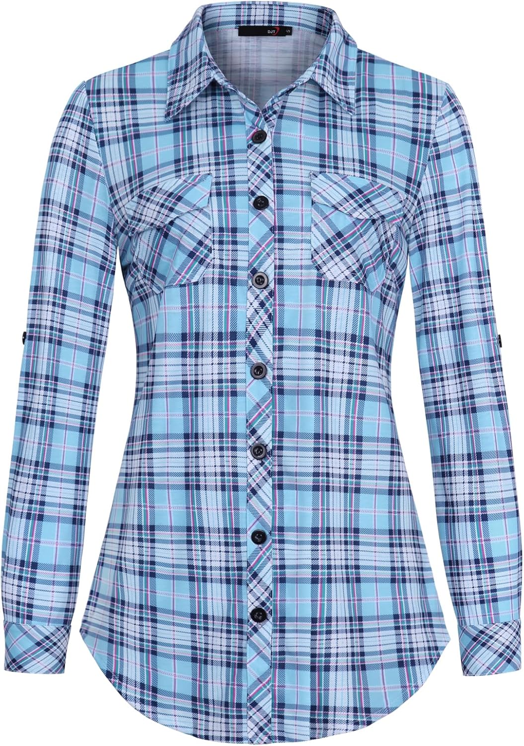 DJT Womens Soft Stretchy Knit Plaid Shirts Roll Up Long Sleeve Collared Button Down Blouses Tops - Image 2