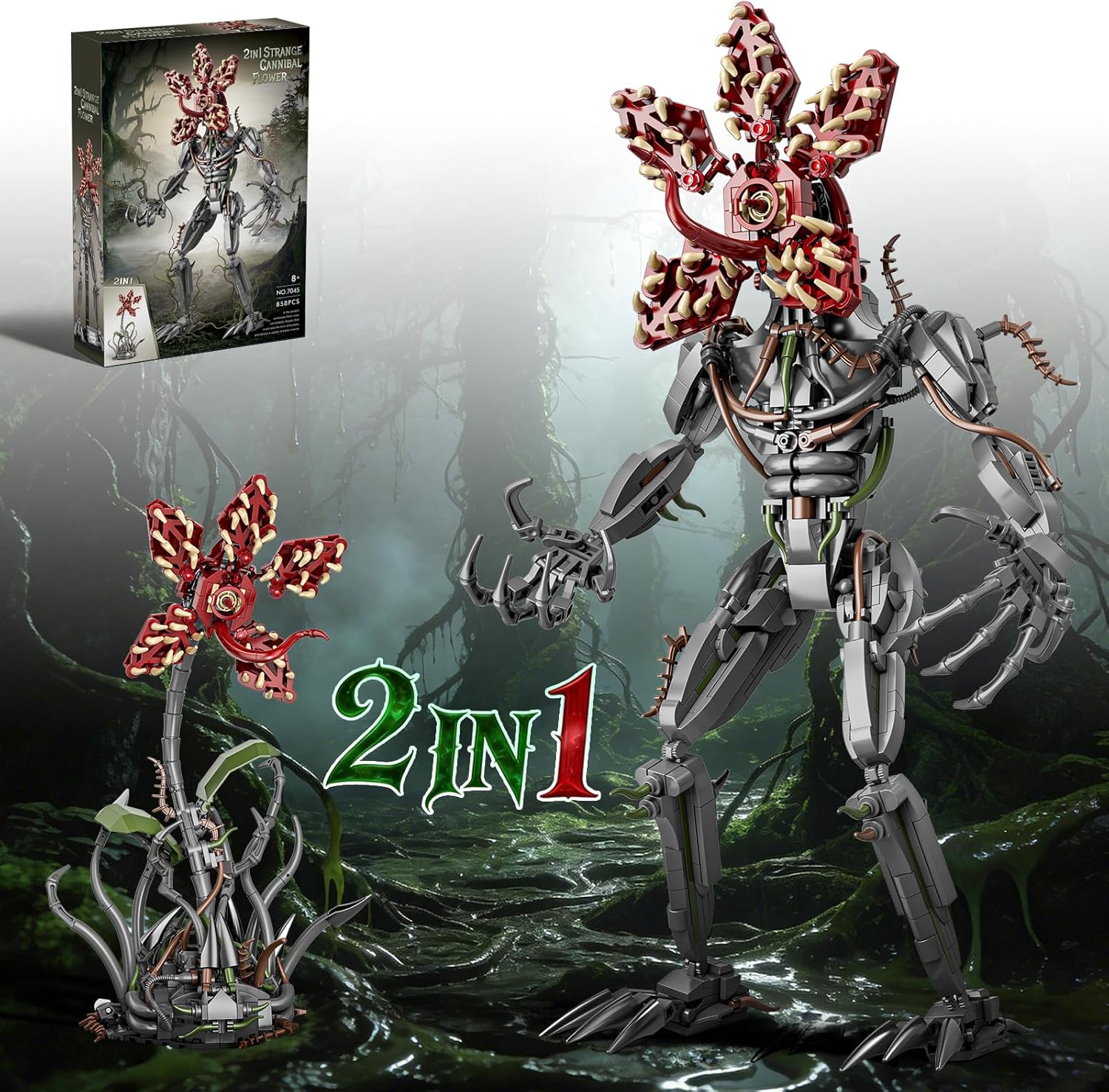 2 in 1 Strange Cannibal Flower Building Blocks Set 858PCS Lego Compatible Monster Plant Figure Kit Dark Fantasy Transformable Model Creepy Display Toy for 14+ Adults Gift