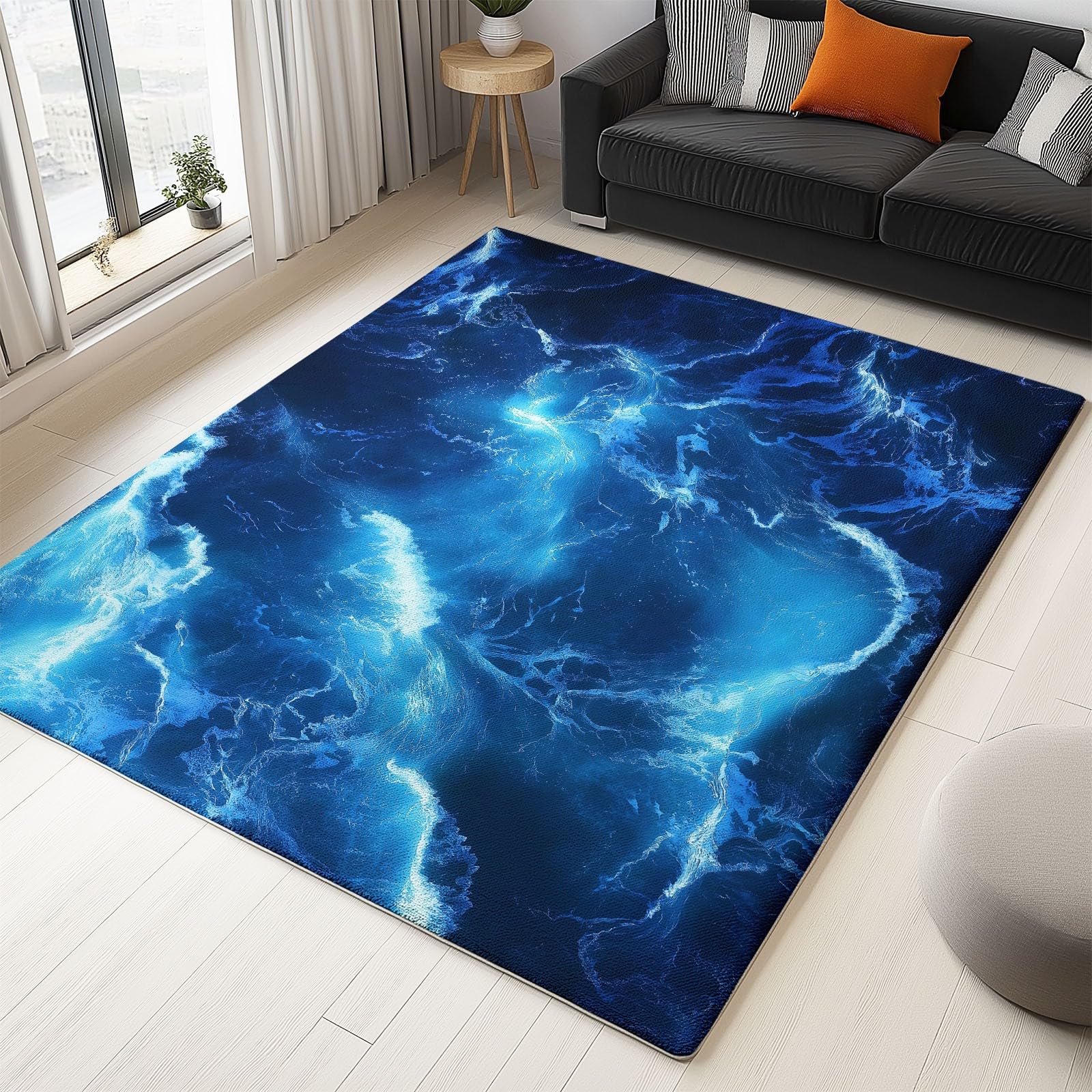 Générique Tapis de Salon Lavable en Machine 140 x 200 cm Doux à Poils Courts Moelleux Texture Vague Océanique Tapis antidérapant, Abstrait Côtier pour Le l'entrée, la Chambre et la Cuisine