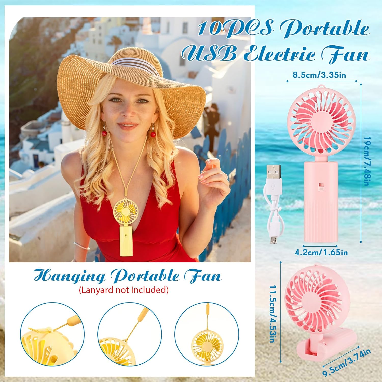 Woanger 10 Pcs Mini Handheld Folding Fan Bulk Hanging Rechargeable USB Fan with Data Cable Small Pocket Foldable Portable Battery Operated for Desk Home Travel Wedding