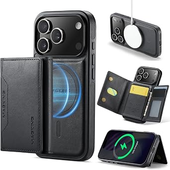 2 in 1 Wallet Case for iPhone 17 Pro, MagSafe-Compatible, Premium Leather Shockproof Back Cover with Detachable Trifold Wallet, RFID Blocking, 8-Slot Card Holder and Kickstand Black