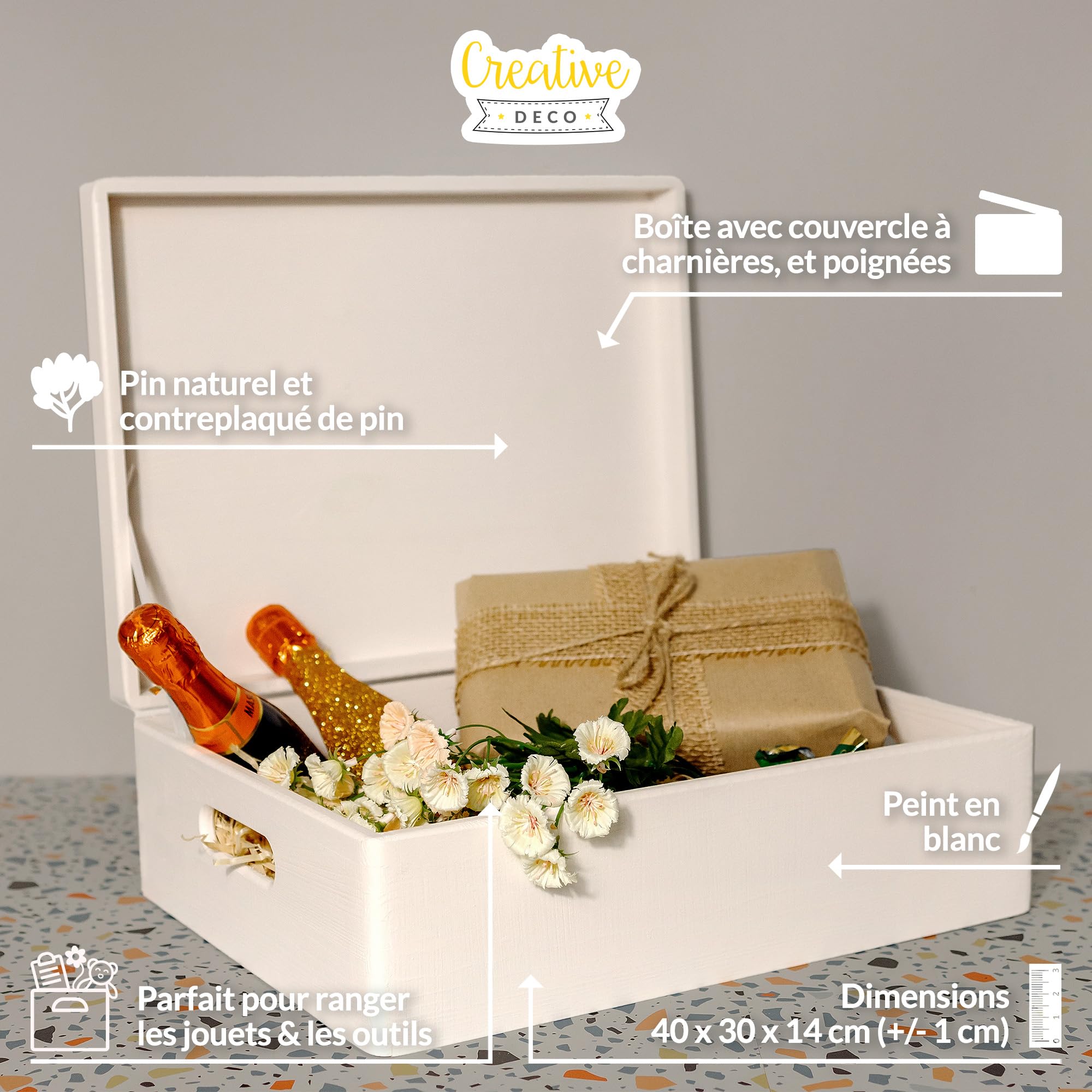 Creative Deco Boite Rangement en Bois Blanc | 40 x 30 x 14 cm (+/- 1 cm) | avec Couvercle et Poignées | Boite en Bois | Boite a Souvenir | Boîte Caisse Malle Coffre | BRUT ET NON PONCÉ