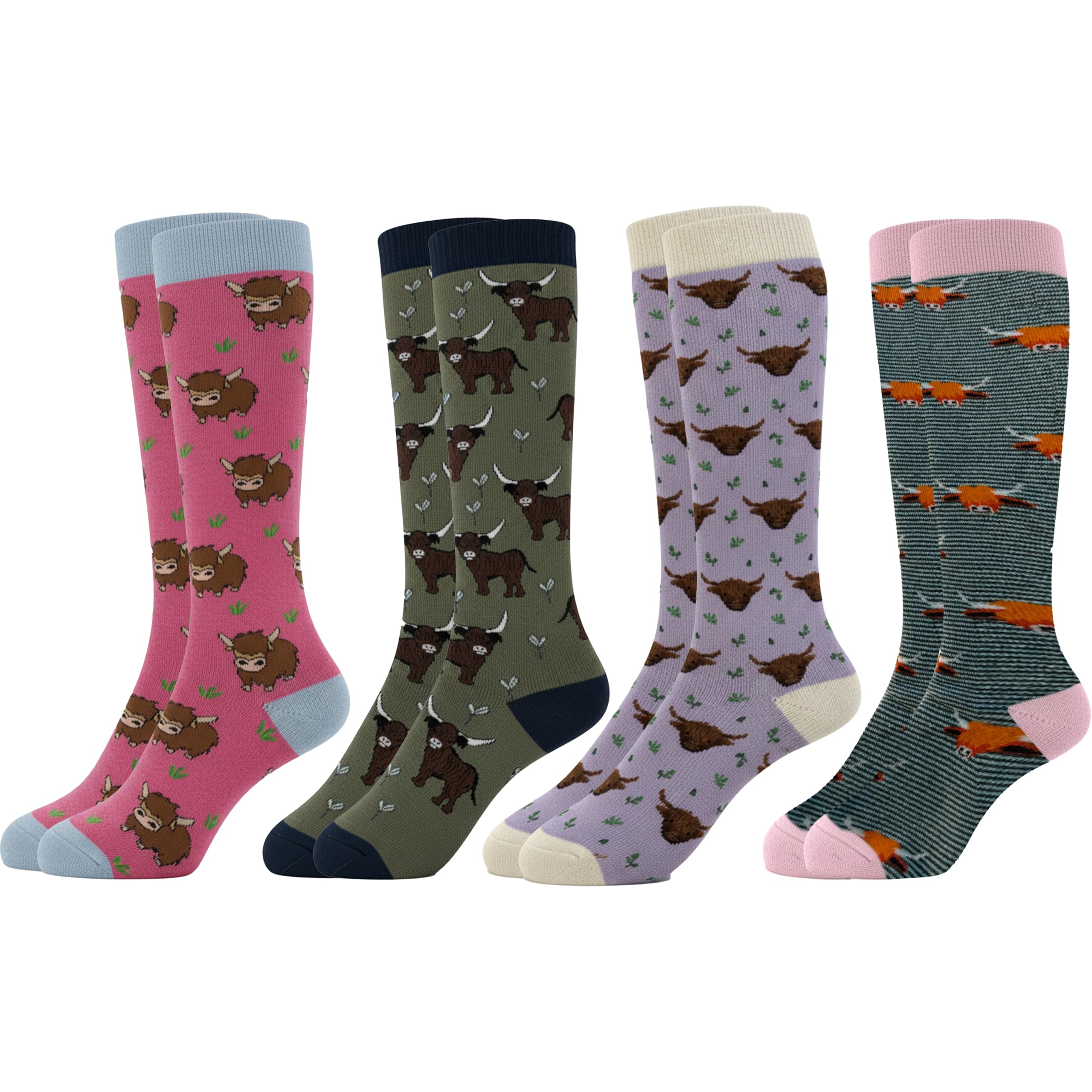 Sock Stack Women’s Wellington Socks 4 Pack Long Welly Socks Outdoor Warm Durable & Soft Fit UK Size 4‑8, Highland Cow