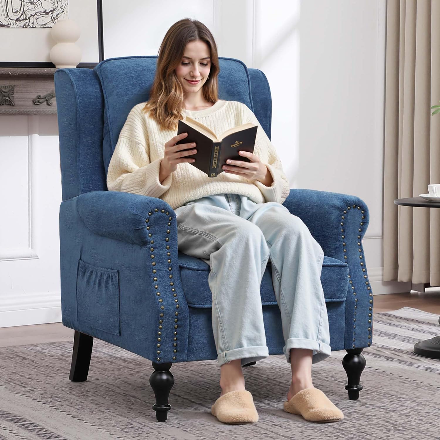 Modern Accent Chair Set of 2, Wingback Living Room Chairs with High Back, Upholstered Armchair with Vintage Legs, Comfy Sofa Chair Accent Chairs Set for Bedroom Home Office Reading Blue