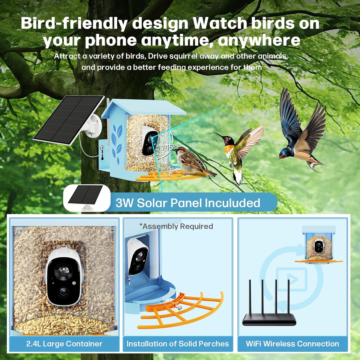 Bird Feeder with Camera Smart Solar Powered Birds Feeder with 1080P FHD, Auto Motion Detect & Notify, AI Identify 11000+ Bird Species Identification & 3W Solar Panel, (with Solar Panel)