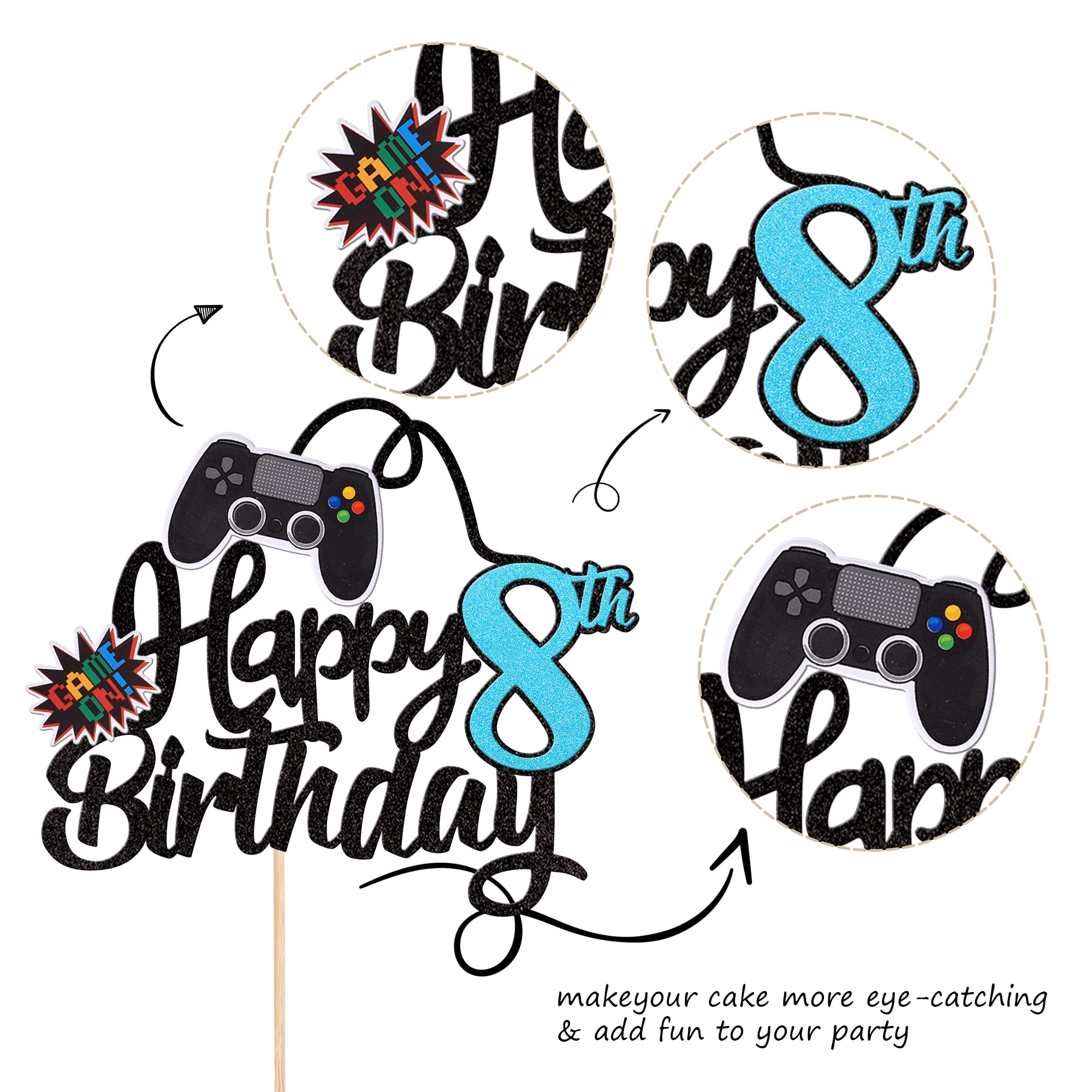1 PZ Videogioco Happy 8th Birthday Cake Topper Glitter Video Game Cake Pick Game On Controller Otto Saluti a 8 anni Decorazione per torta per Happy 8th Birthday Party Supplies Blu