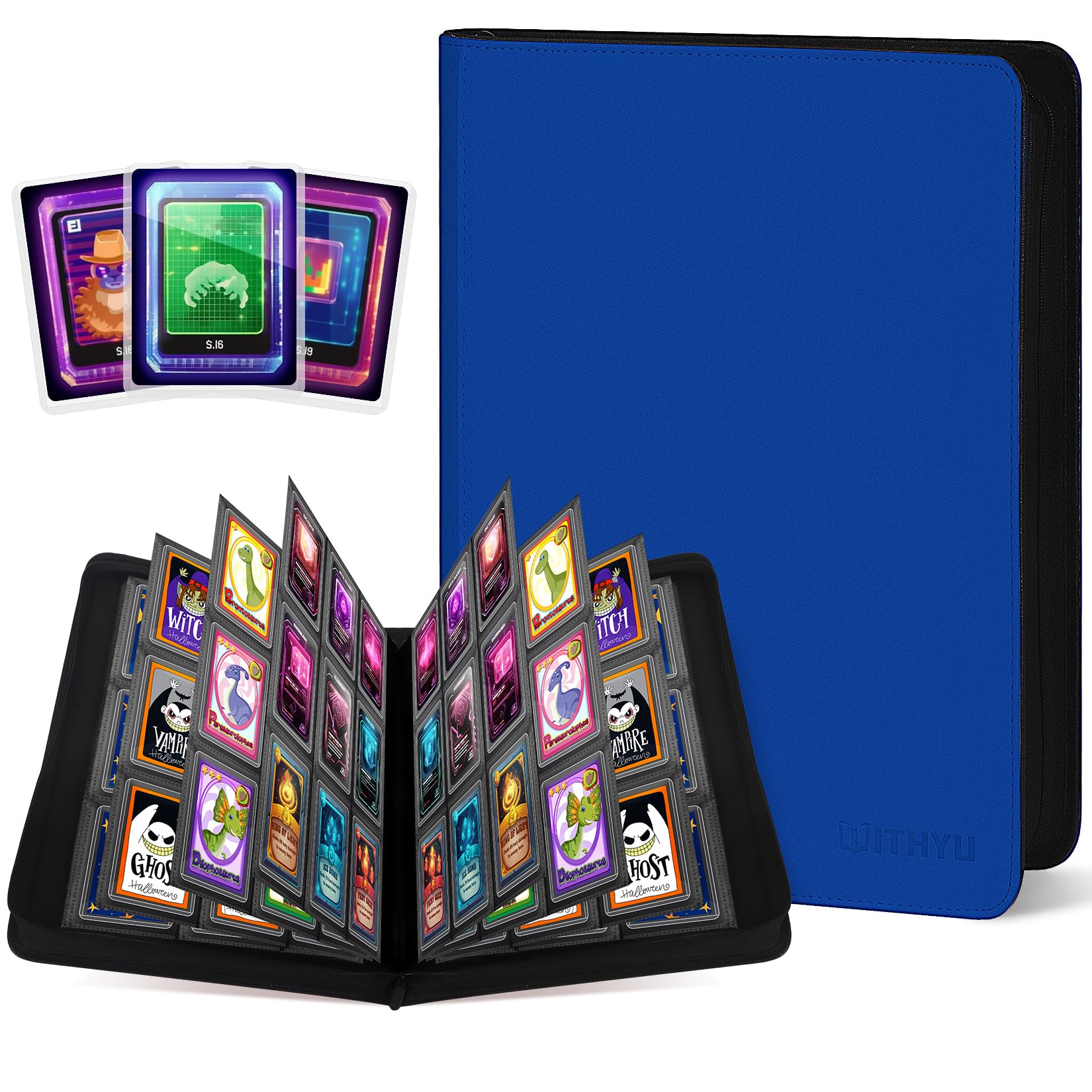 WITHYU Toploader Binder 9 Pocket, Holds 288 Cards for 3" x 4" Rigid Cards, Double Side Card Album PU Leather with Zipper, Ideal for TCG, MTG & Sports Card Storage (Deep Blue)