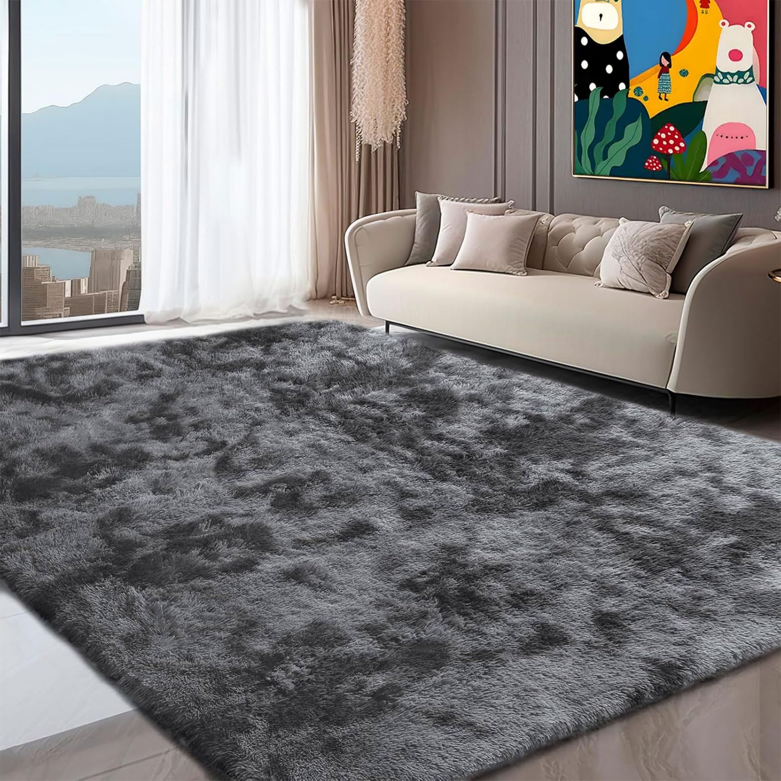 GUOJUN Wohnzimmer Teppich 120 x 120 cm Anti-Rutsch Rückseite Modern Waschbar Großer Moderner Teppich Pflegeleicht, Minimalistisch Fußbodenheizung Geeignet, Dunkelgrau