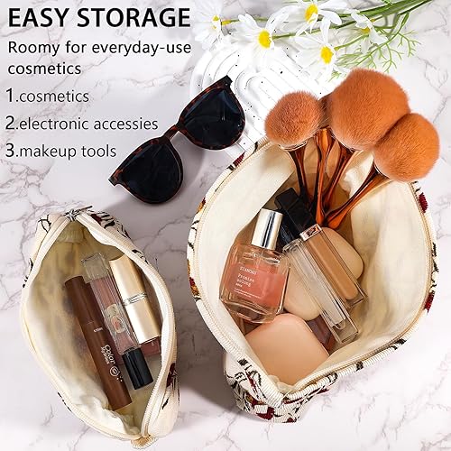 Miniatura 2 de Juego de 2 bolsas de maquillaje de flores, lindo juego de bolsas de cosméticos de viaje para mujeres y niñas, bolsa de maquillaje grande con