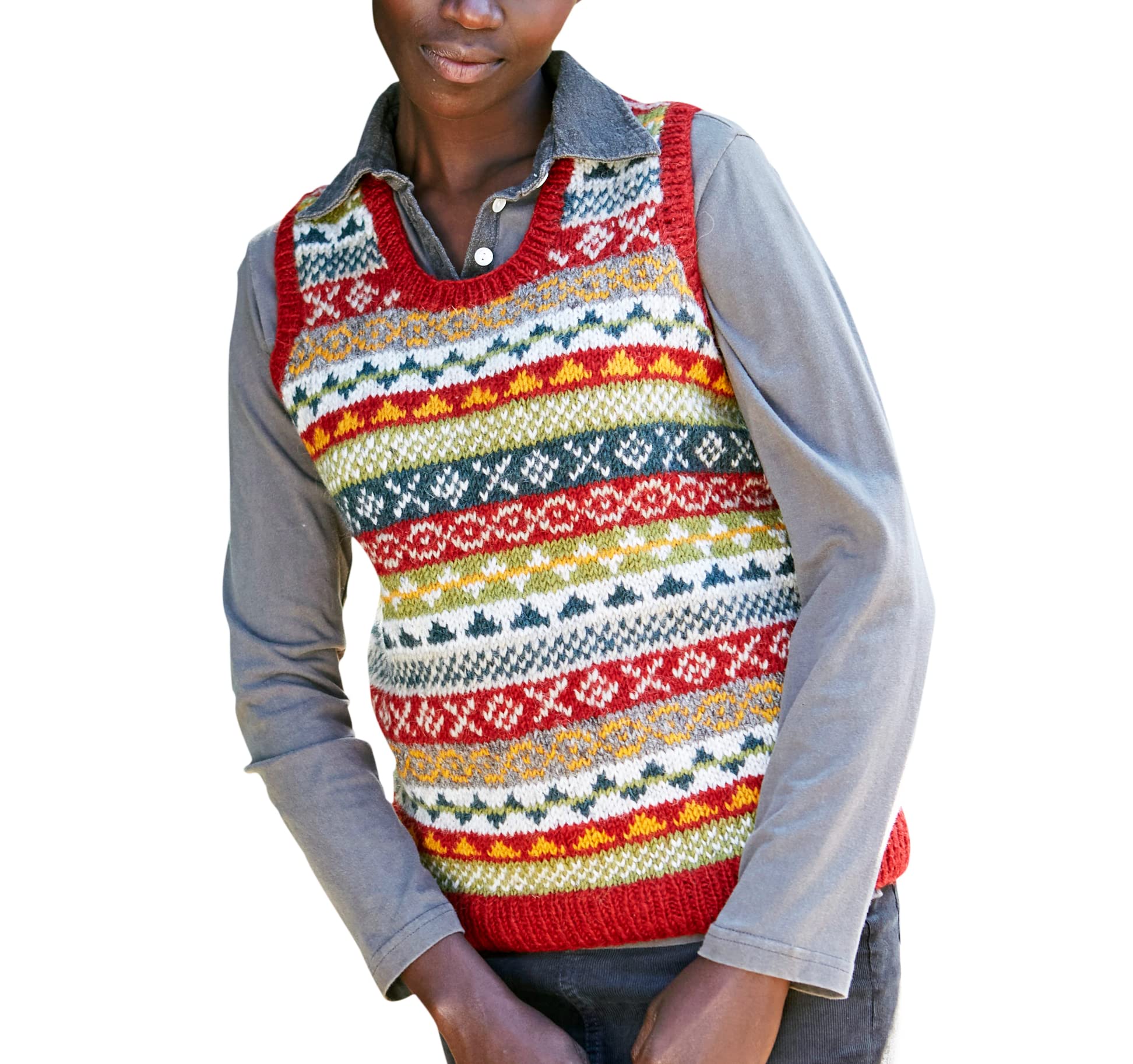 Pachamama Women Wool Tank Top Handknitted Fair Isle Natural Colours Handmade Extra Warm Sleeveless Jumper Fair Trade (Med UK 12-14, Rust)
