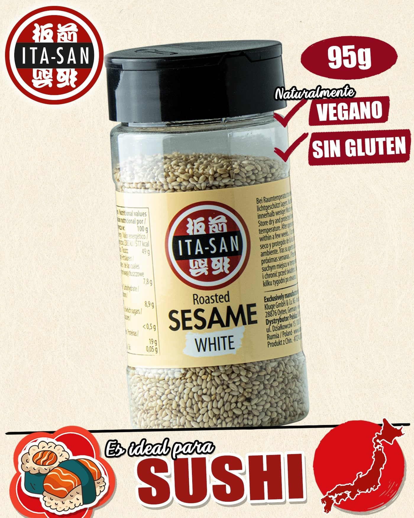 ITA-SAN Semillas de sésamo blanco, tostadas, para platos asiáticos o como topping para ensaladas y cereales, 1 x 95 g