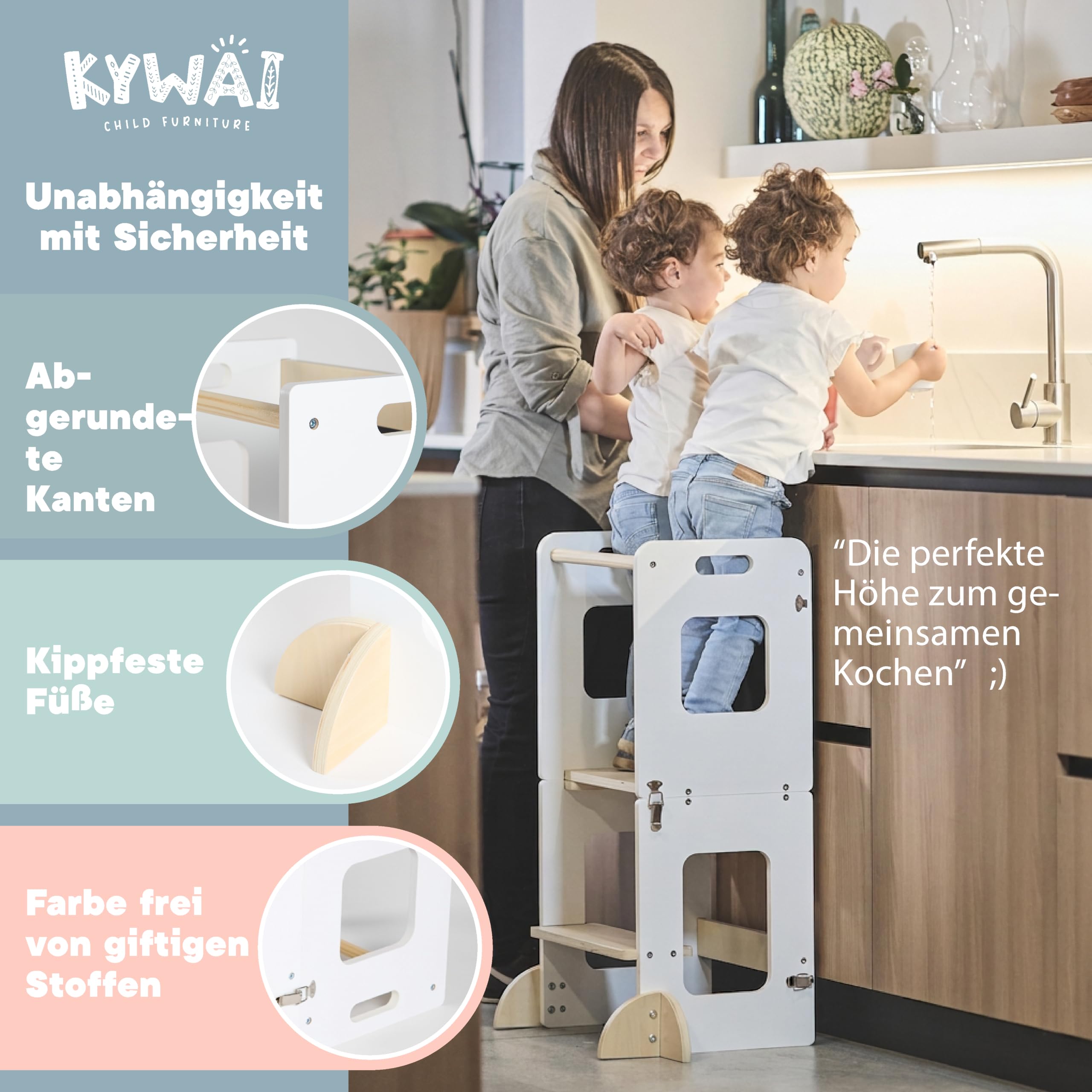 Lernturm ab 1 Jahr – Lernturm Klappbar 3 in 1 mit Tafel – Learning Tower für Kinder – Faltbar mit Sicherheitsfüßen – Aus Nachhaltigem Holz – Stabiler Montessori-Hocker für Zuhause