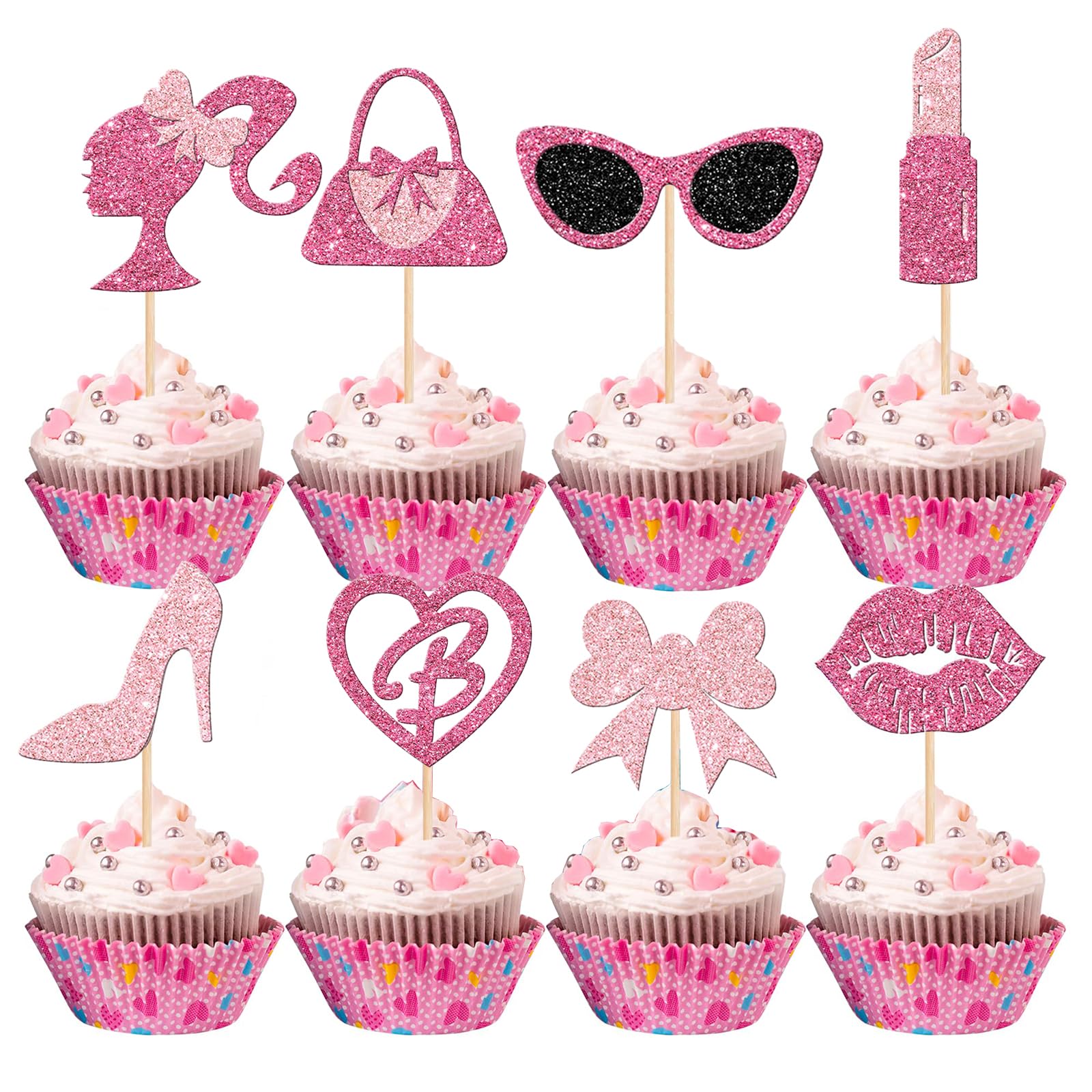 Biendo32 PCS Glitter Pink Princess Cupcake Toppers Girl Cupcake Picks Handbag Glasses Bow Tie Lipstick High Heel Cake Decorations for Girl Princess Theme Bridal Shower Wedding Birthday Party Supplies