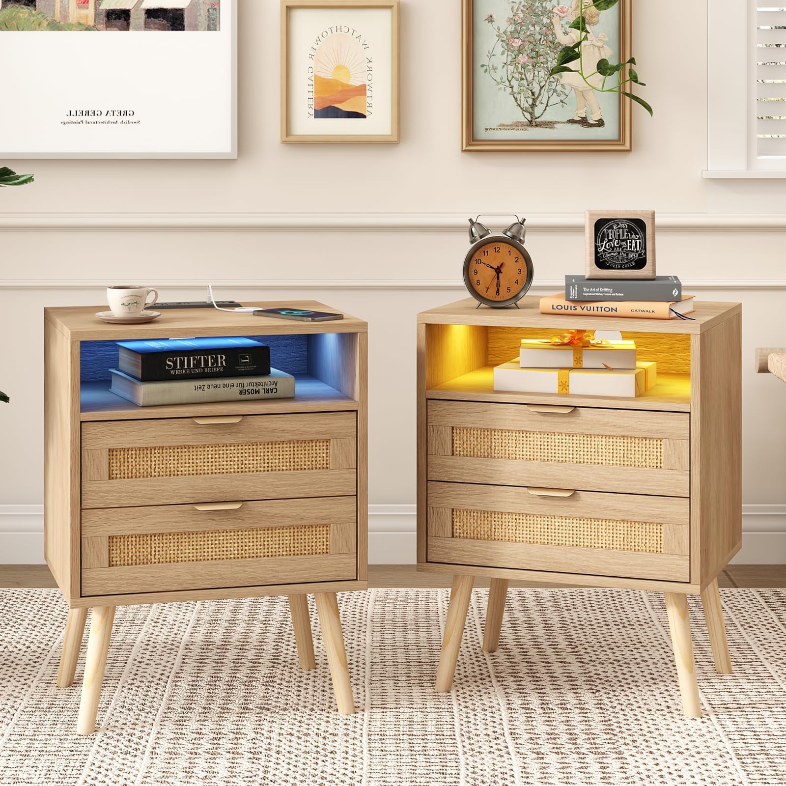 BonVache Rattan Nightstands Set of 2 with USB Charging Station and 6 Colors of LED Lights, Night Stand with 2 Storage Drawers, Modern Bedside Table End Table for Bedroom (Natural, 2 Packs)