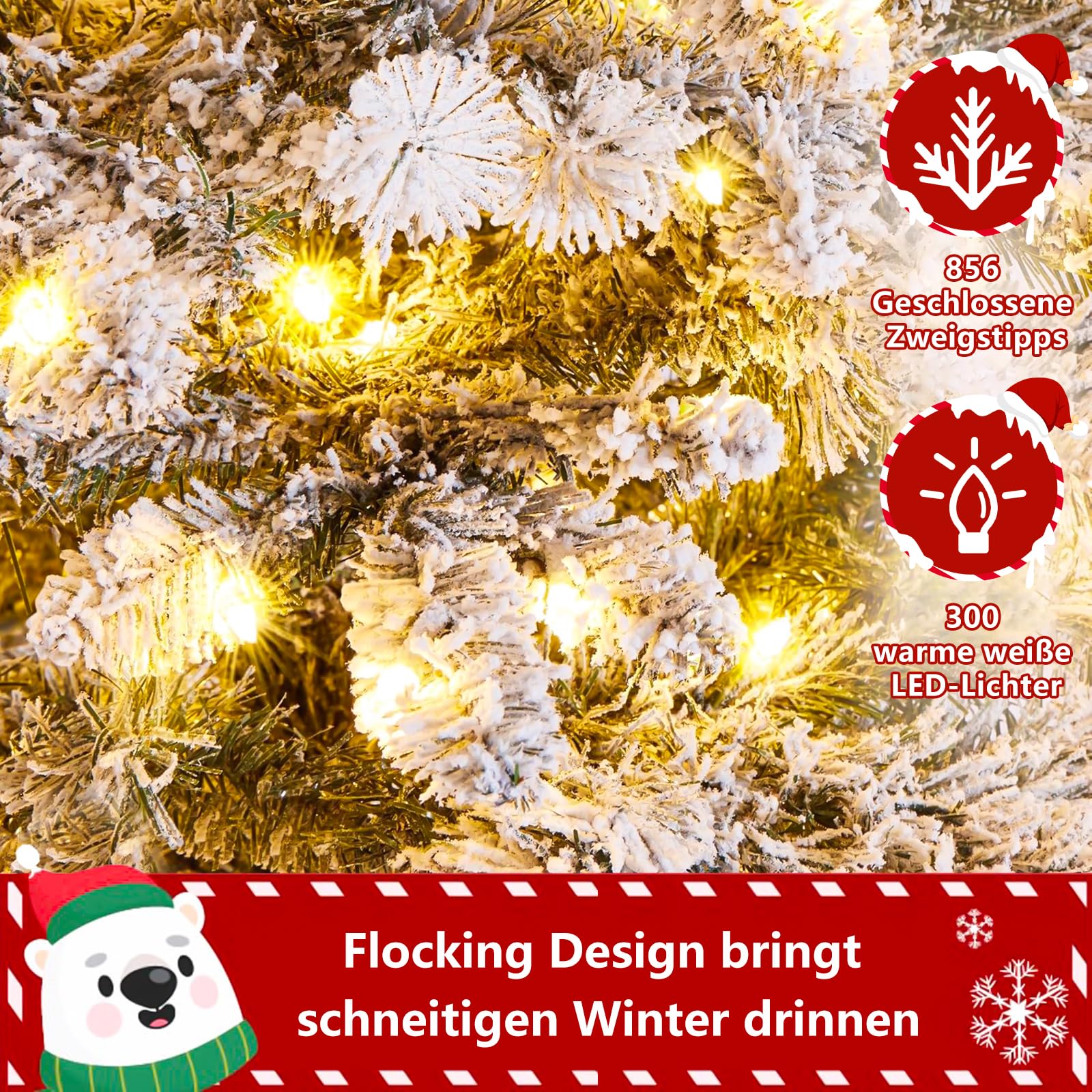 KOIUEYW 180cm Árbol de Navidad con Nieve y 300 LED, Árbol de Navidad Artificial como Real, con Nieve y Puntas de PVC para Casa, Tiendas, Oficinas