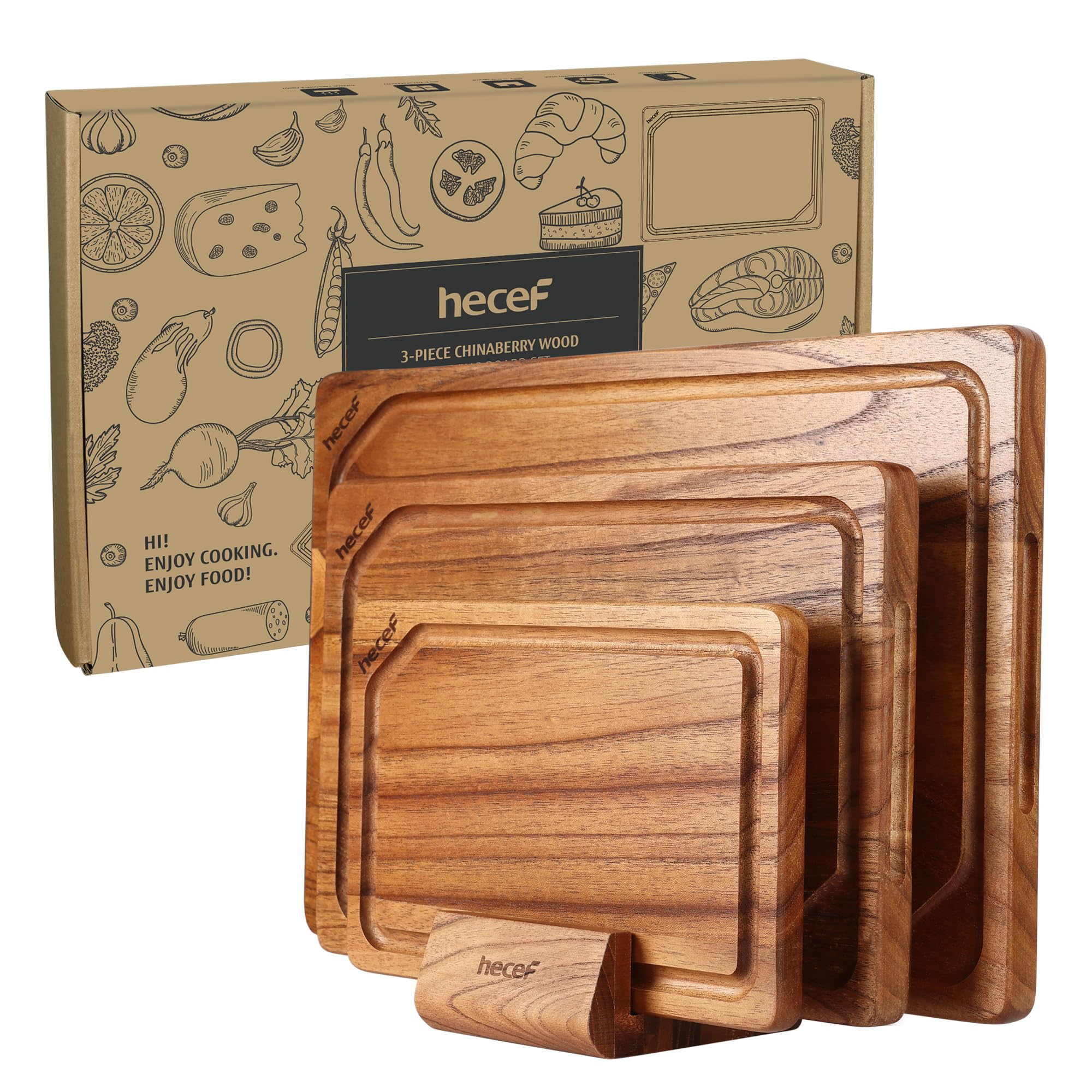 hecef Set di taglieri da cucina in legno con supporto, reversibili per taglio/servizio, scanalature raccogli-succhi e maniglie, 3 pezzi (piccolo, medio, grande) per carne, pane, salumi e formaggi