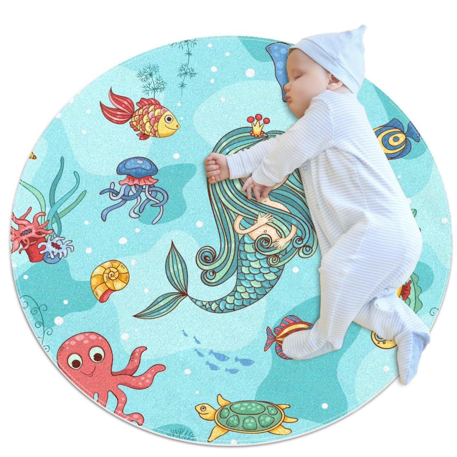 Tapis rond belle sirène 100x100cm JDEZ pour décoration de chambre et salon