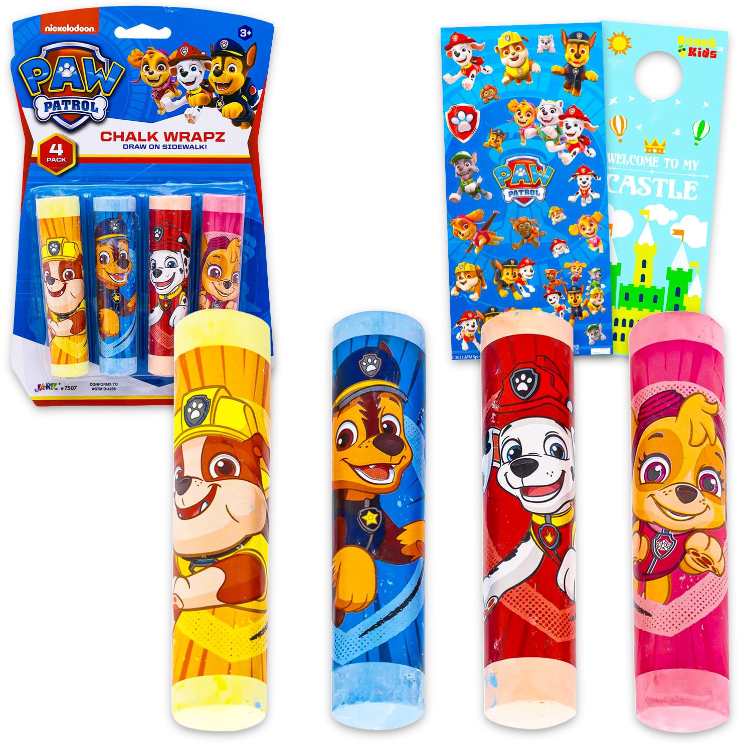 Paw Patrol Sidewalk Chalk Party Supplies for Kids - Bundle with 4 Jumbo Chalk Sticks with Wrapper Plus Stickers, More | Paw Patrol Outdoor Toy Party