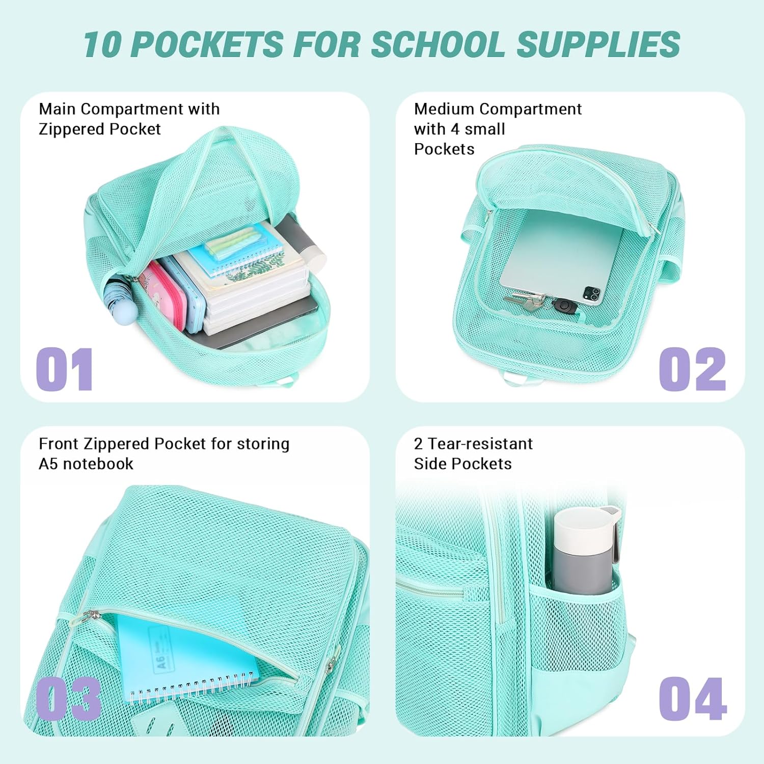 MOONBABY Mesh Backpack Heavy Duty, See Through School Backpack Transparent Bookbag for Swimming, Beach, Sports, Work, Travel - Image 4