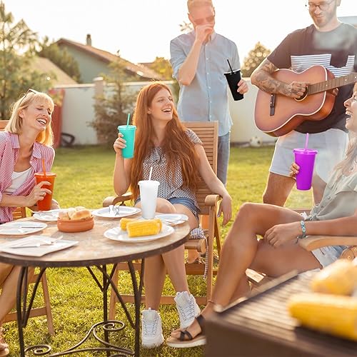 Miniatura 6 de Honeydak Paquete de 100 vasos con popote y tapa, botella de agua a granel, taza de viaje para café helado, vasos de plástico reutilizables para