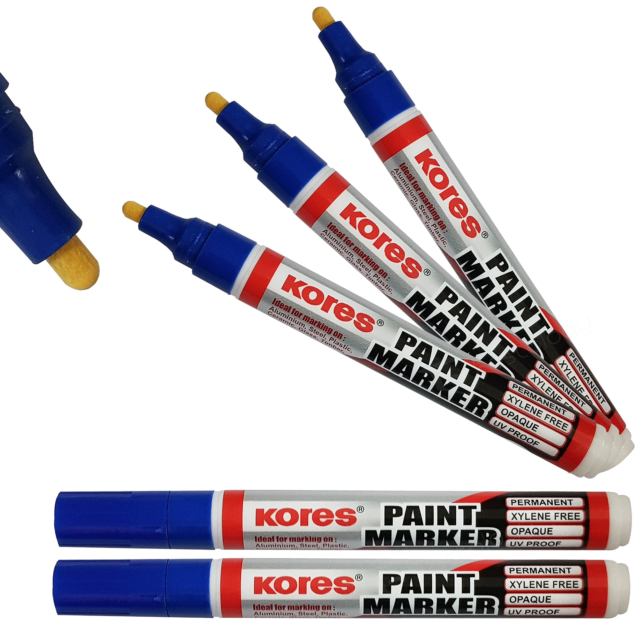 Kores Paint Permanent Marker, BLUE, Pack of 5, UV Proof, Opaque Ink, Aluminium Steel Plastic Ceramic Glass Stone Rubber Use, PATEL Black Ball Pen