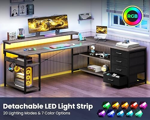 Miniatura 40 de AODK Escritorio en forma de L de 53 pulgadas con cajón, escritorio para computadora con tomas de corriente y luces LED, escritorio de esquina Negro