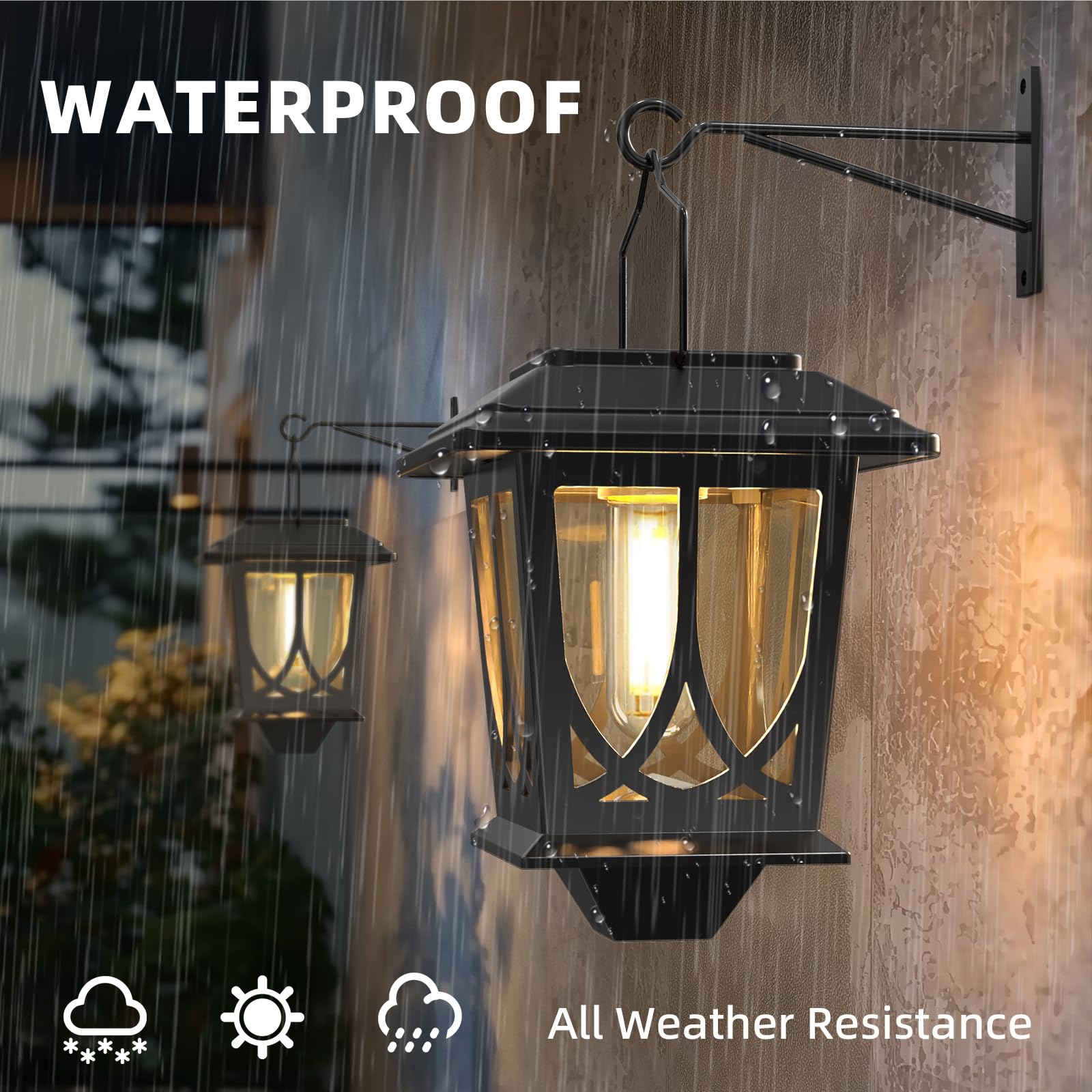 Faroles solares impermeables para exteriores, paquete de 2 unidades, luces solares LED colgantes de vidrio con soporte de pared para valla de patio, gallinero, invernadero, color negro