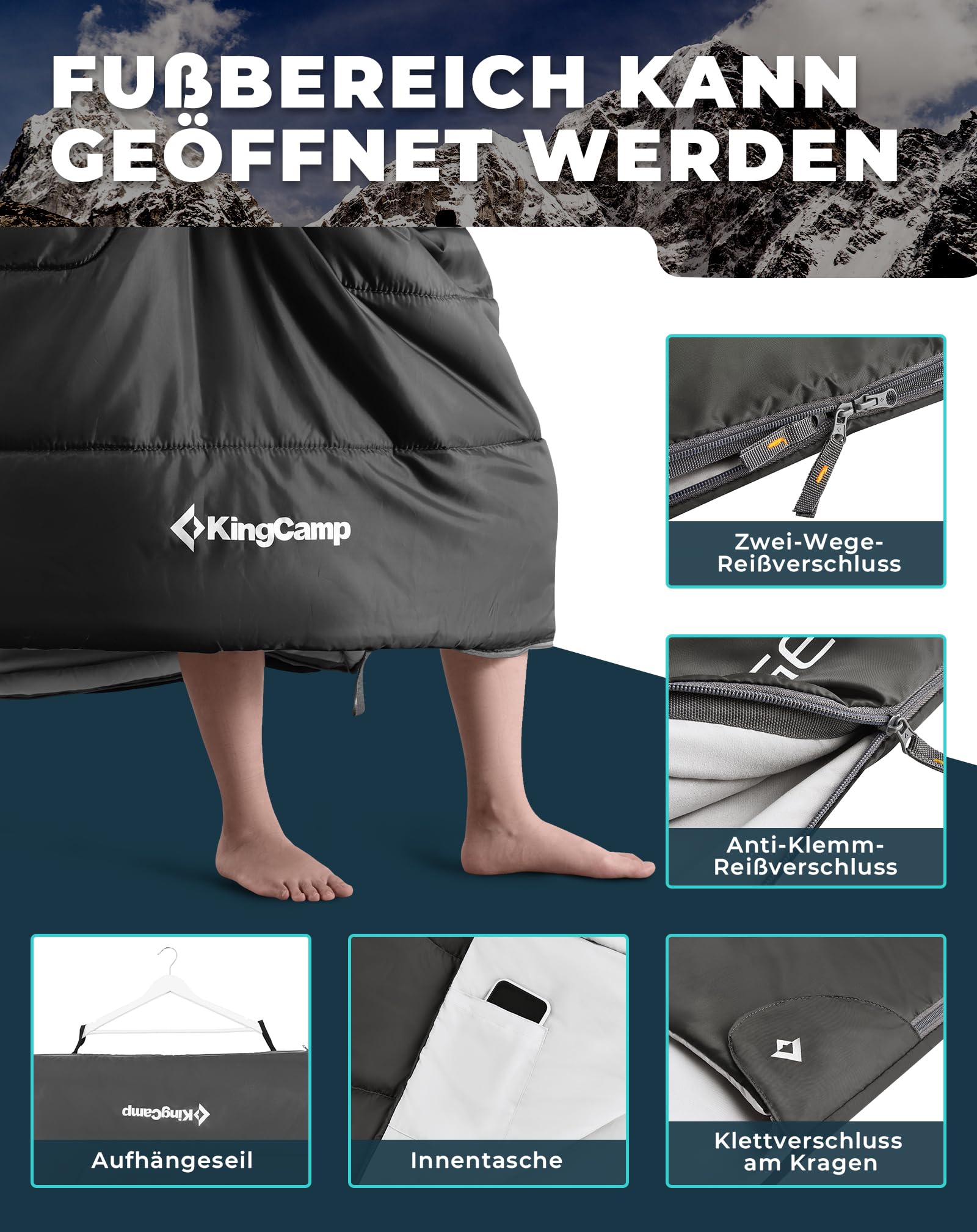 KingCamp Deckenschlafsack,Doppelschlafsack,220x150cm mit 2 Kissen,Schlafsack für 2 Personen,12℃ bis -3℃ für Familien, Camping und RV-Reisen