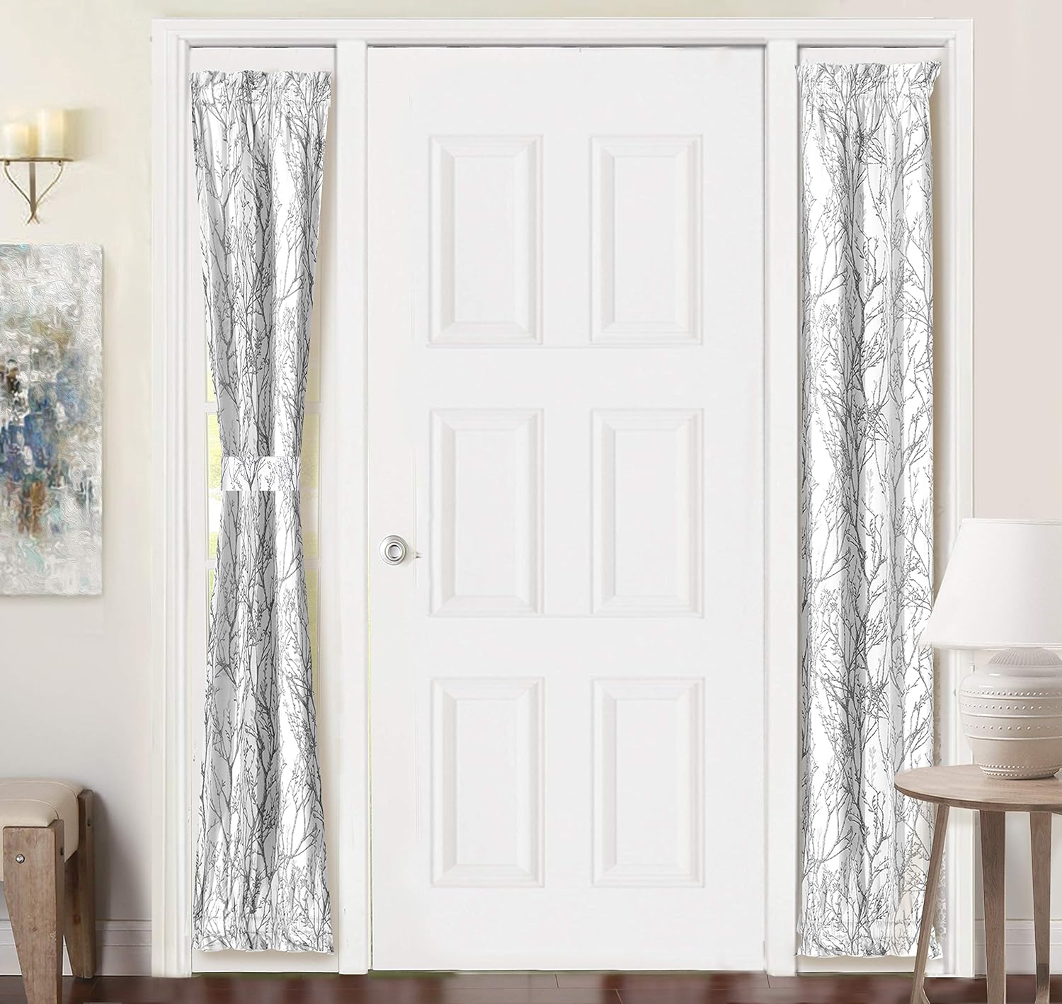 DriftAway Tree Branch Door Curtain Sidelight Curtain Thermal Rod Pocket Room Darkening Privacy Front Door Panel Single Curtain with Bonus Adjustable Tieback 25 Inch by 72 Inch Gray