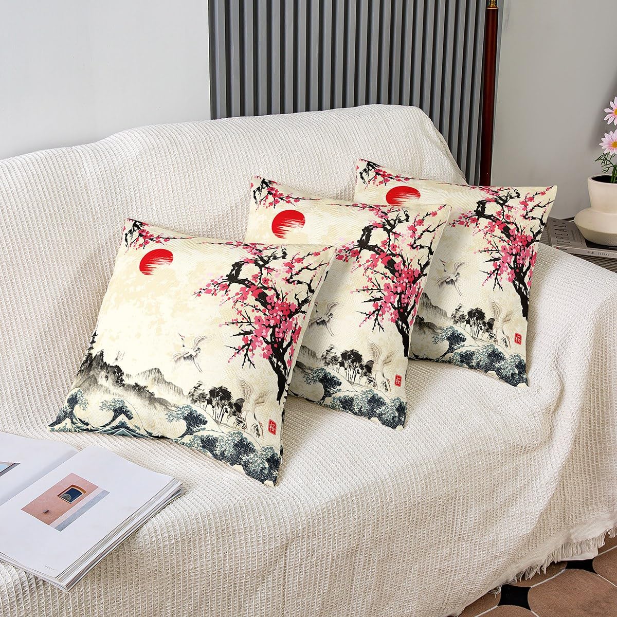 Federe Per Cuscino Batmerry 50x50 Cm, Set Da 2, Verde Con Fiori Di Ciliegio Sakura, Doppio Lato, Cerniera Nascosta, Per Divano E Letto - 2
