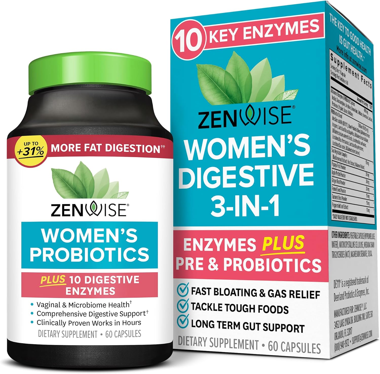 Zenwise Health Probiotics for Women – Digestive Enzymes for Bloating Relief, Vaginal Health, and Gut Flora Health, Daily Women Probiotic & Prebiotic Supplement for Digestive Health – 60 CT