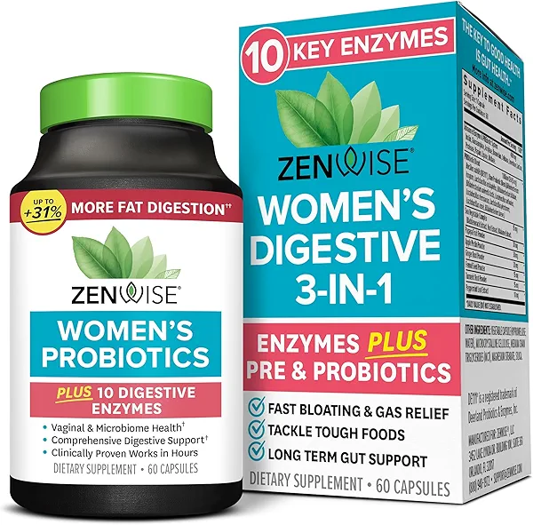 Zenwise Health 3-in-1 Womens Probiotic Supplement for Digestive, Gut Flora & Vaginal Health - Daily Probiotics & Prebiotics for Women with Digestive Enzymes Supports Bloating & Gas Relief - 60 Count