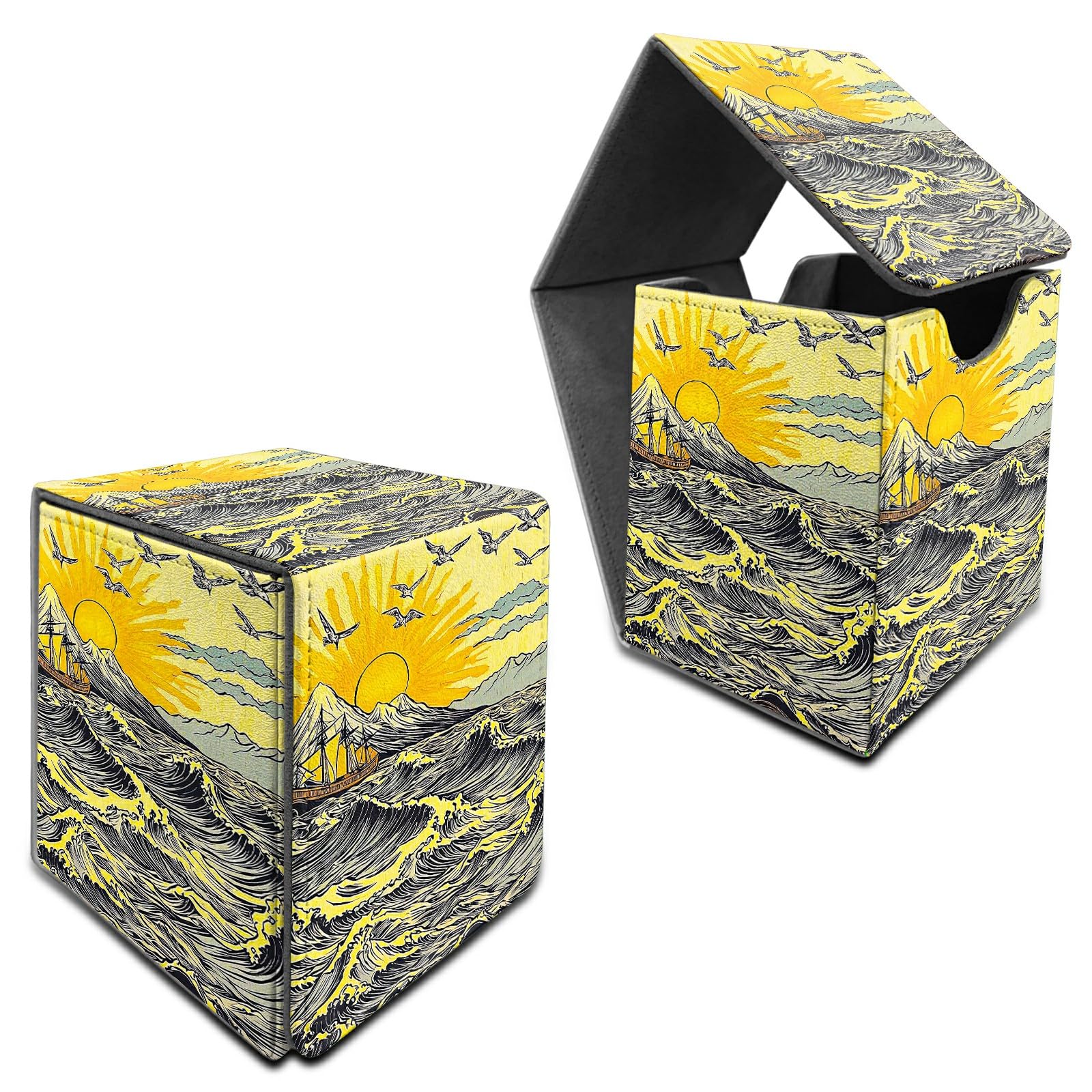 RWUTYTIUL Deck Box for MTG, Cards Storage Box Fits 120+ Sleeved, Leather Medium Size Strong Magnetic Closing Card Case for Board Games Magic TCG CCG Baseball Collection, Sunset Waves