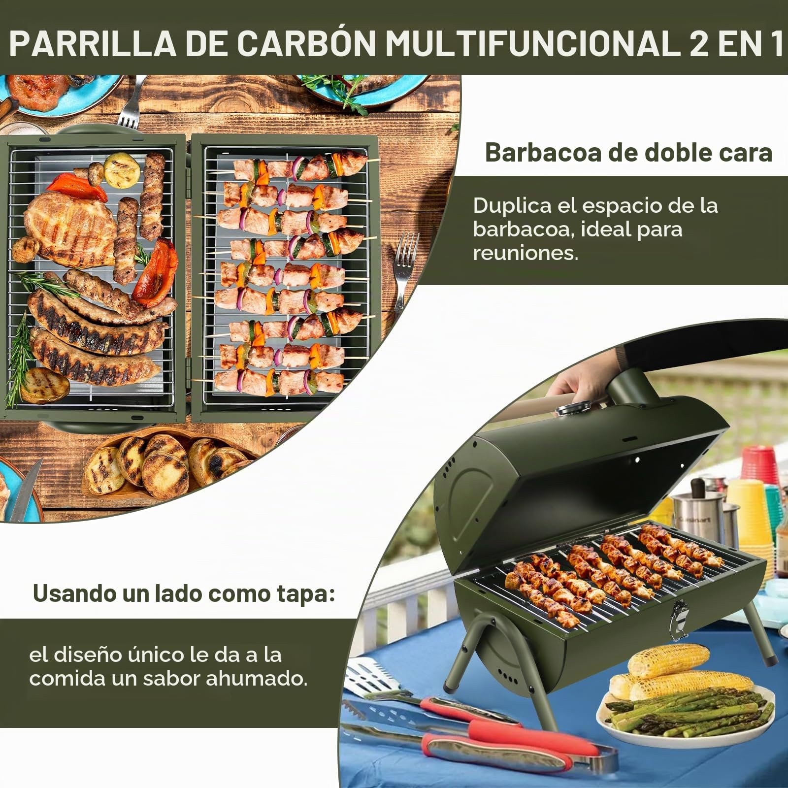 Barbacoa Carbón, Parrilla Portátil para Exterior, BBQ con Tapa, Ventilación Ajustable, Termómetro, para Acampada o Picnic, para Exterior, Terraza, verde