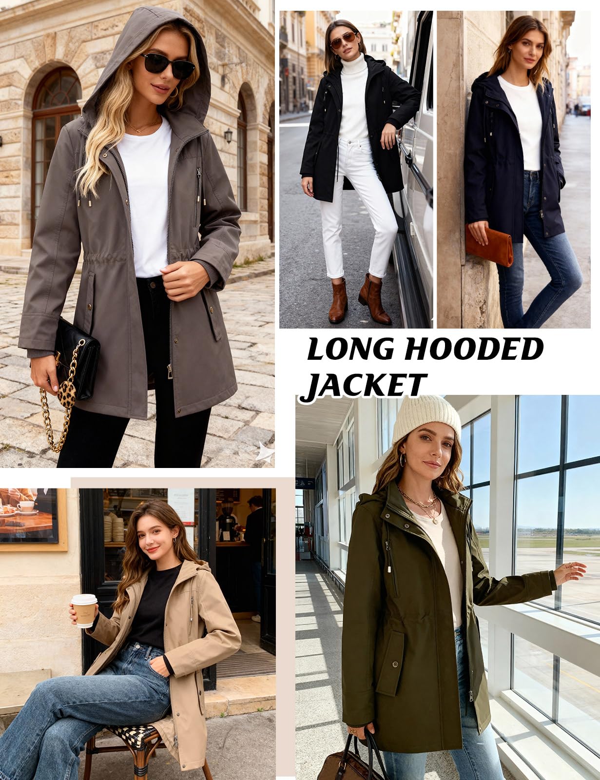 CMTOP Giacca da Donna Leggero Idrorepellente Giacca Mezza Stagione Donna, Elegante Zip Up Giacchetto Media Lunghe Militare Giubbotti Parka Jacket con Cappuccio e Molte Tasche