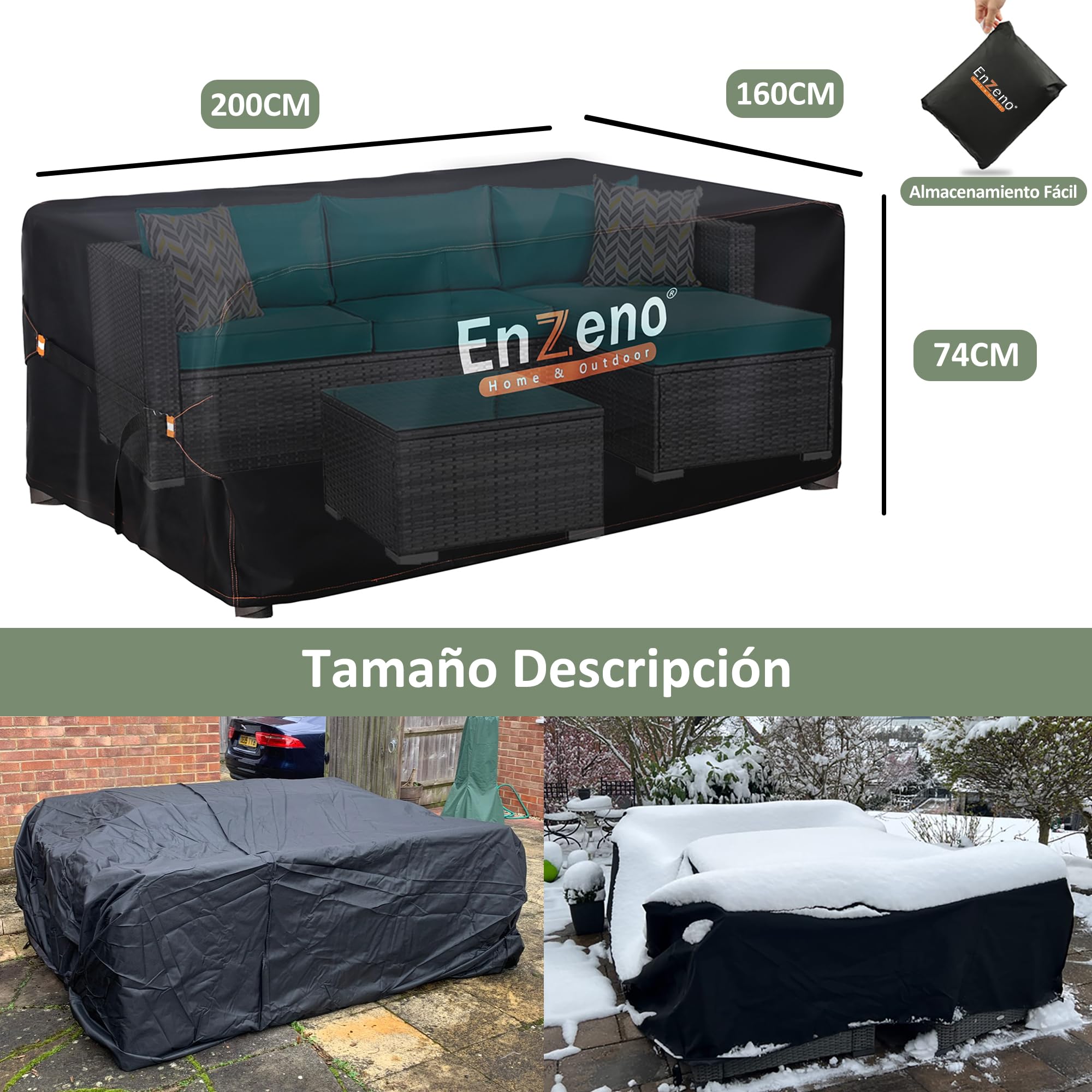 Enzeno Funda Muebles Exterior Impermeable Cubierta para Muebles de Jardin Rectangular Anti Viento 200x160x74cm