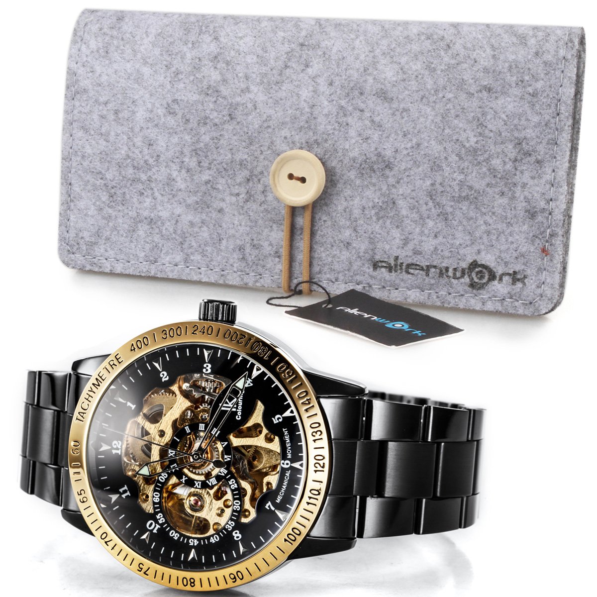 Alienwork IK Reloj Automático Hombre Mujer Negro Pulsera de Metal Acero Esqueleto Fondo de Vidrio