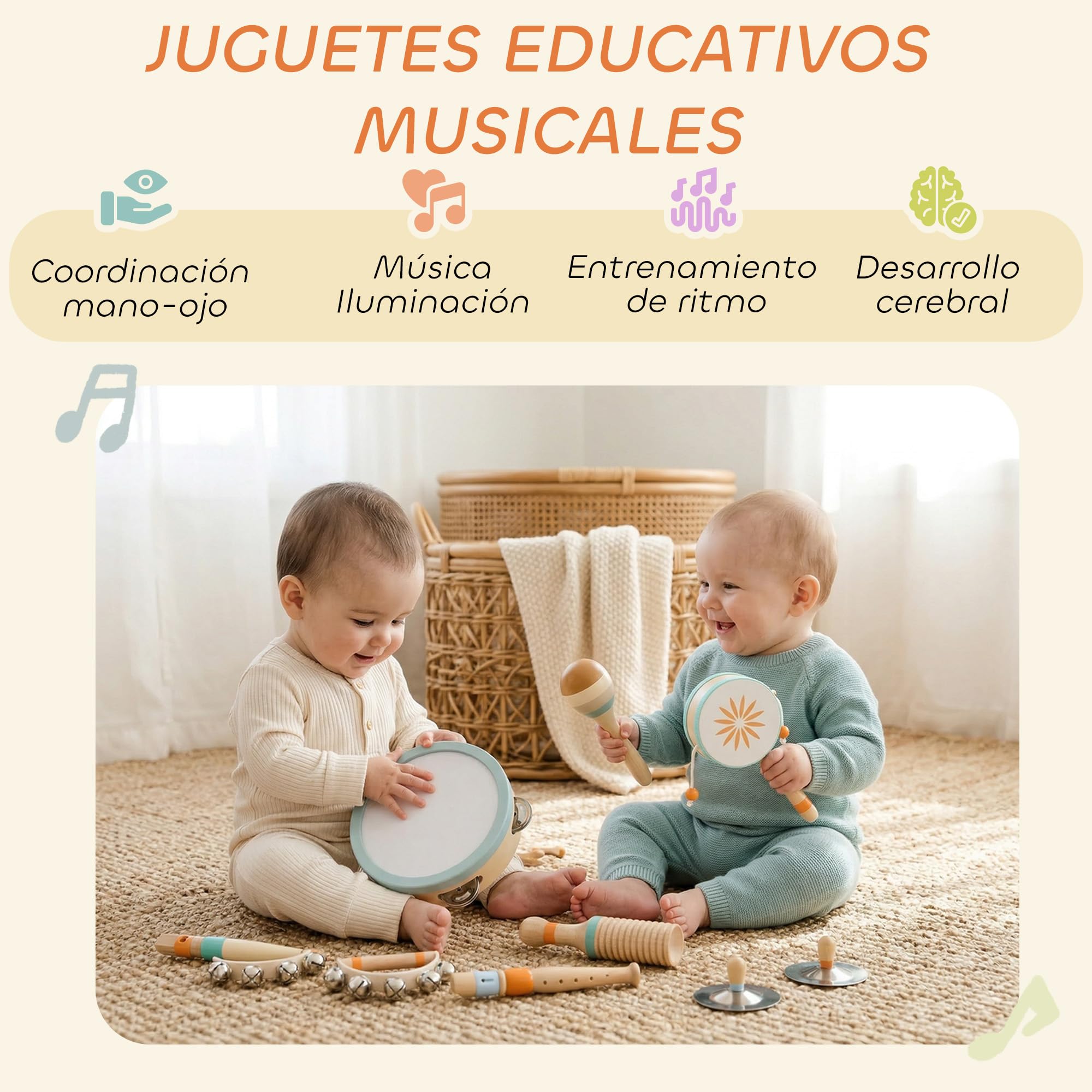 AIYAPLAY Instrumentos Musicales Infantiles 10 Piezas Madera Montessori | Set de Percusión con Pandereta y Maracas, Regalo para Niños y Niñas de+ 3 Años, para Cumpleaños