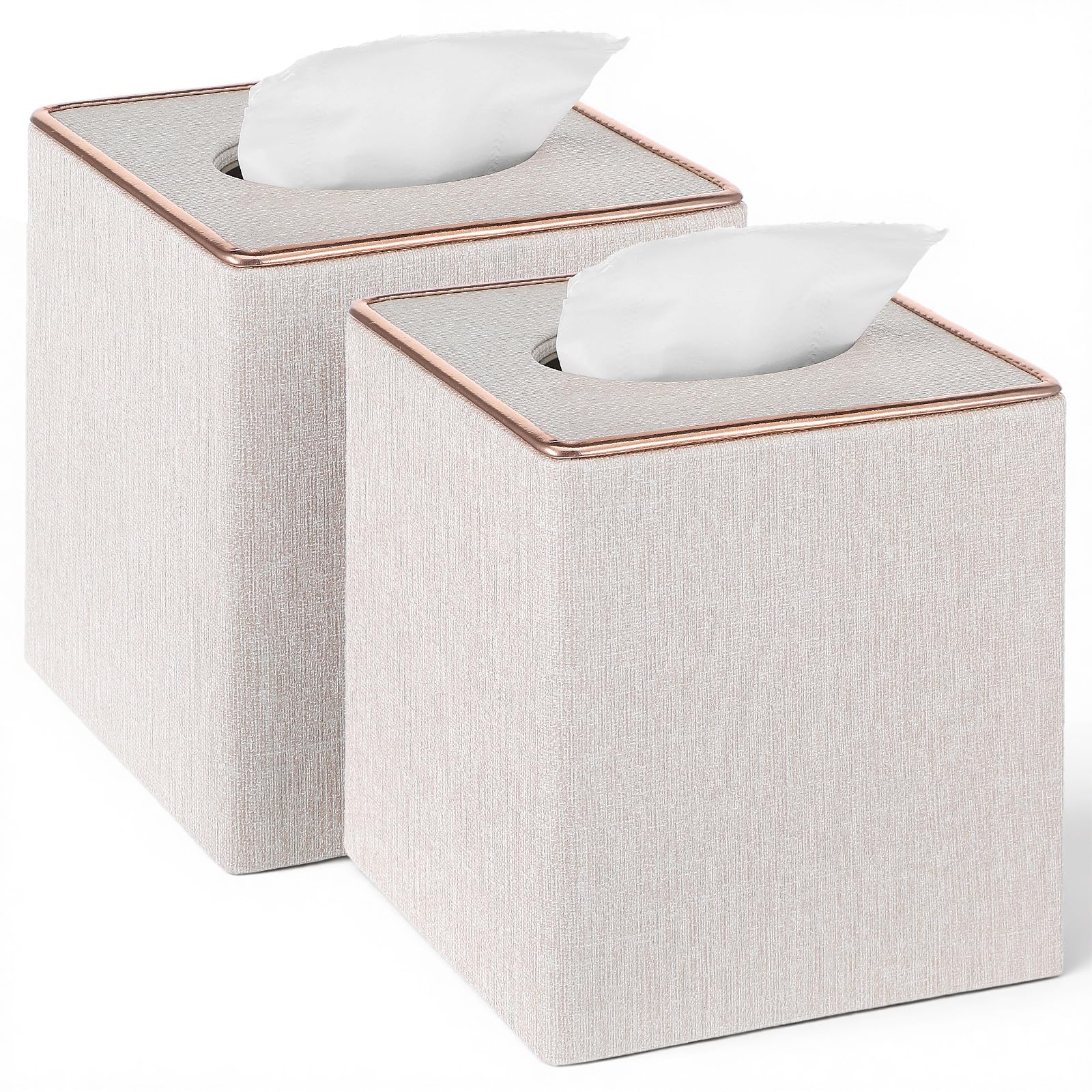Photo 1 of 2 Pack Square Linen Tissue Box Covers, Beige Cube Tissue Holder with Magnetic Bottom & Flannel Lining, Decorative Modern Organizer for Home Office Car Vanity