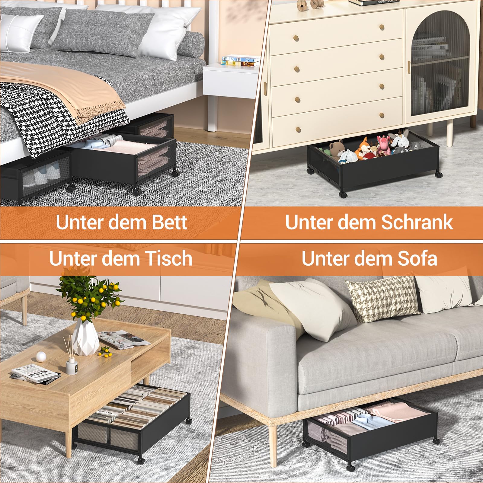 LEUTED 2 Stück Unterbett Aufbewahrungsbox mit Rollen aus Metall