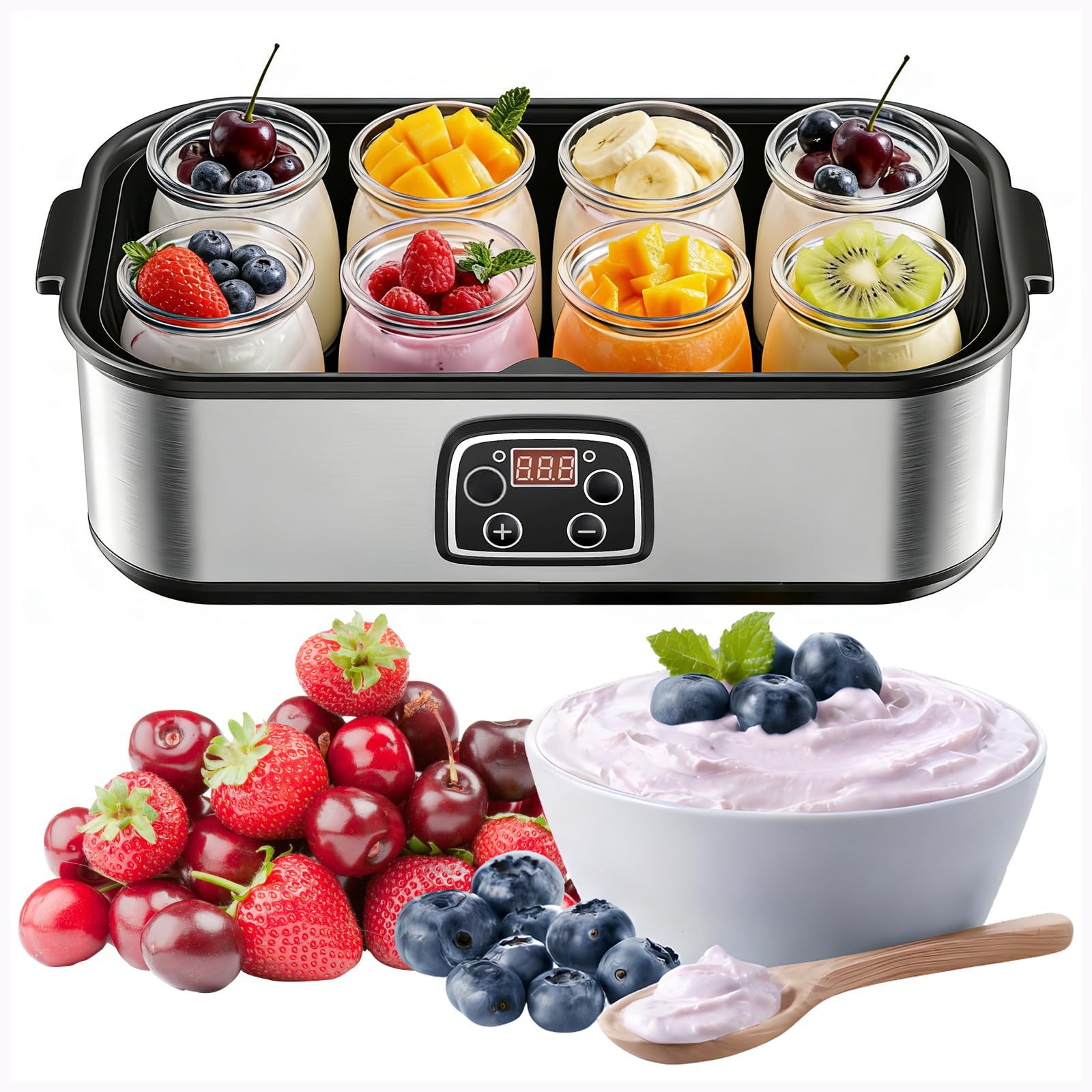 Yogurtiera Elettrica con 8 Vasetti in Vetro | timer regolabile e controllo preciso della temperatura per preparare yogurt biologico, natto e sani dessert fatti in casa